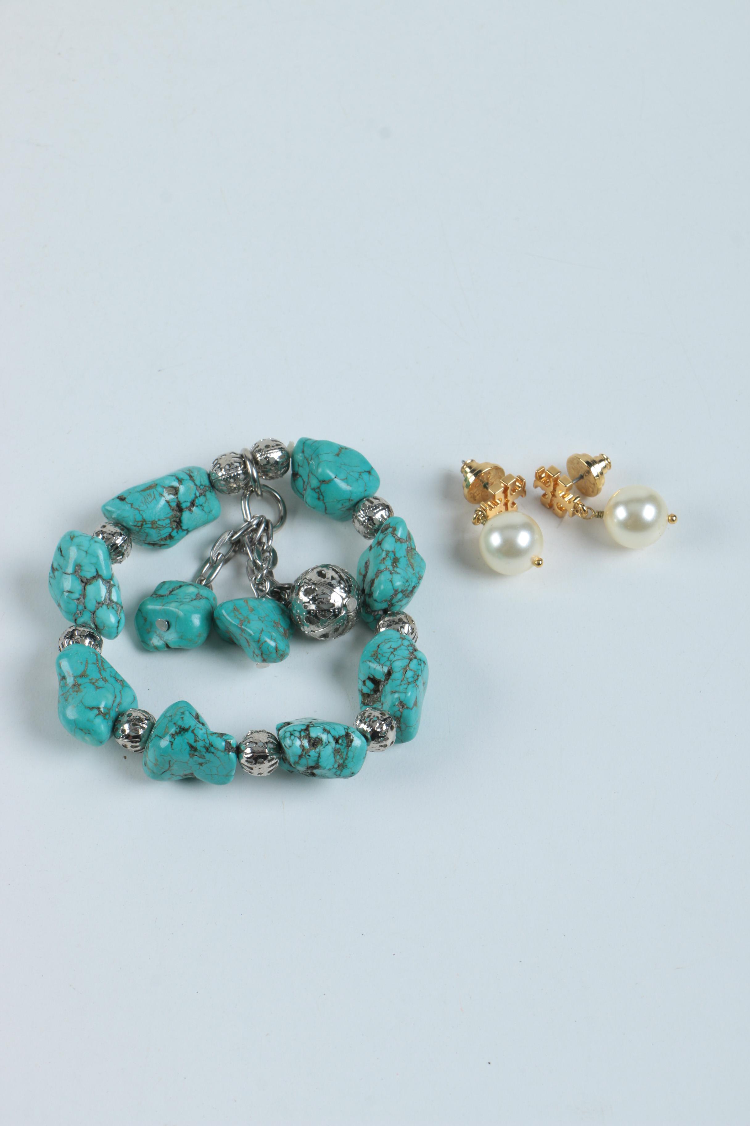 Magnesite Bracelet and Tory Burch Earrings