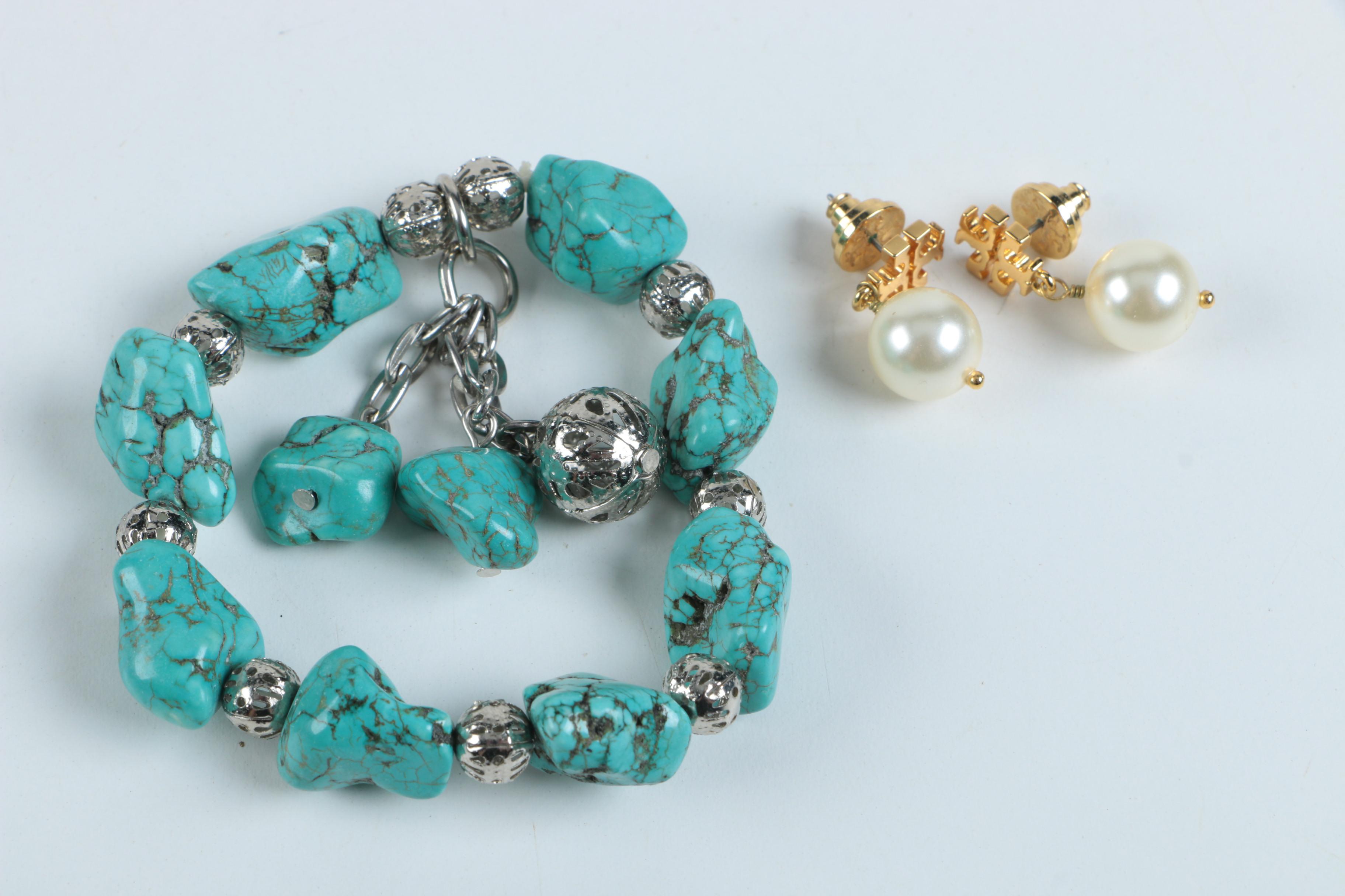 Magnesite Bracelet and Tory Burch Earrings