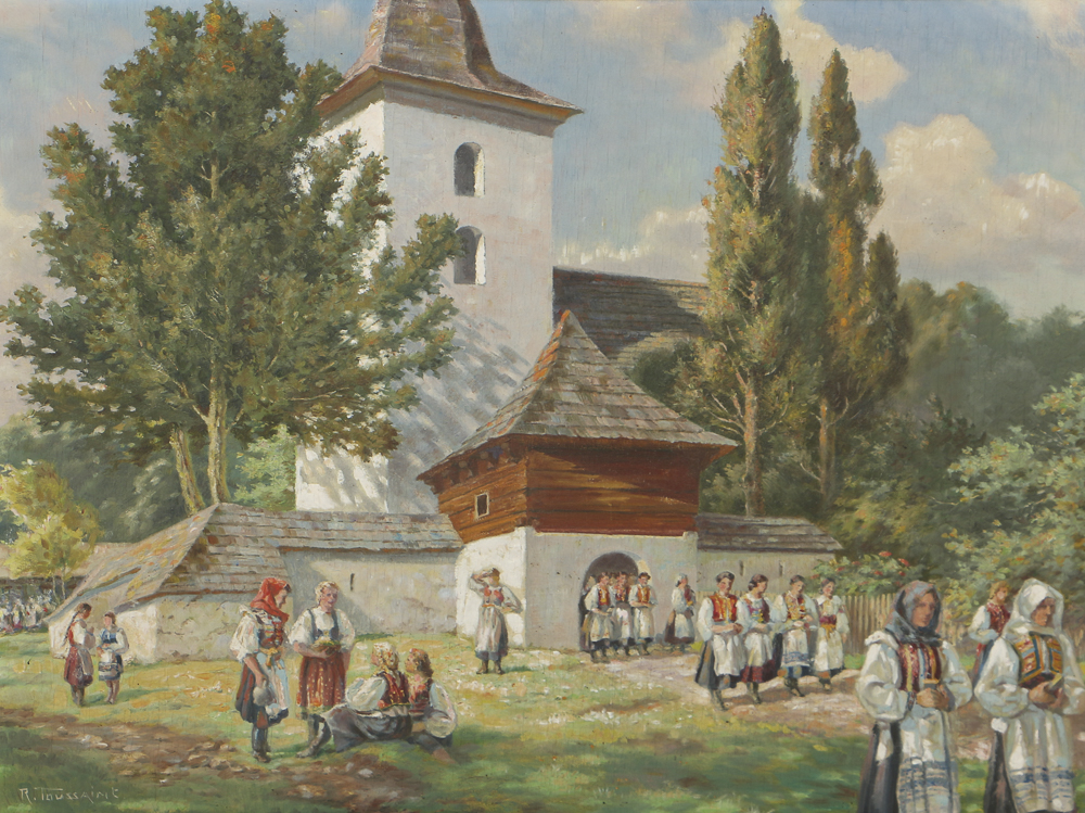 Rene Toussaint Oil Painting on Board of European School Scene