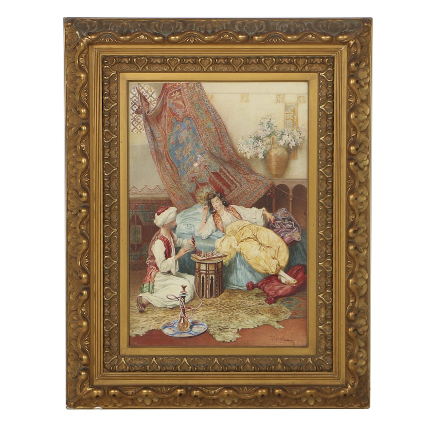 Umberto Cacciarelli Orientalist Watercolor Painting on Paper of Harem Interior