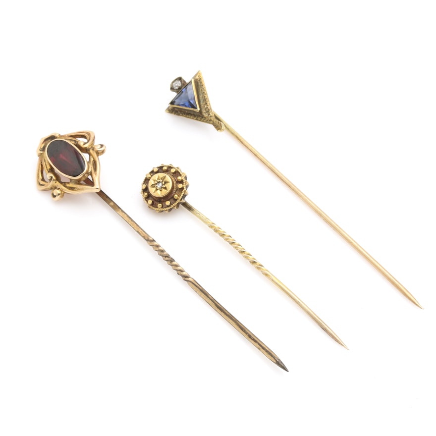 Set of 14K Yellow Gold Diamond and Gemstone Pins