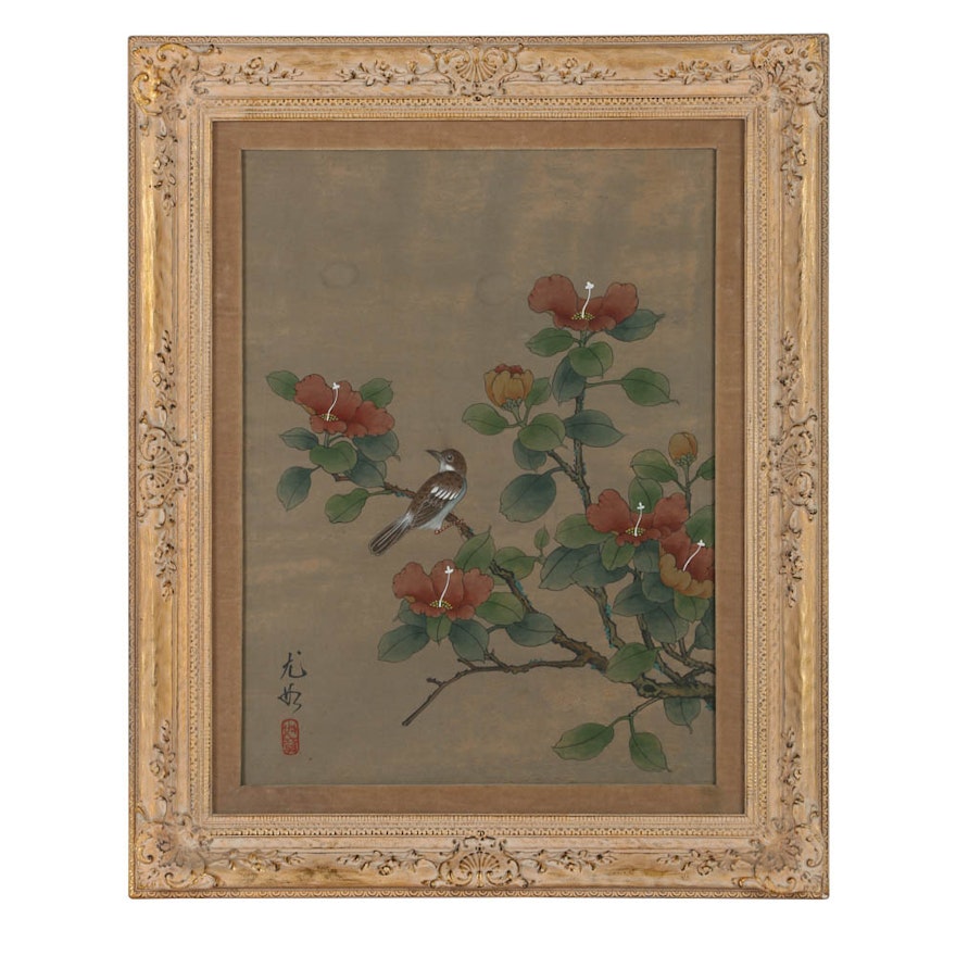 East Asian Style Watercolor Painting on Silk Bird and Flower Motif