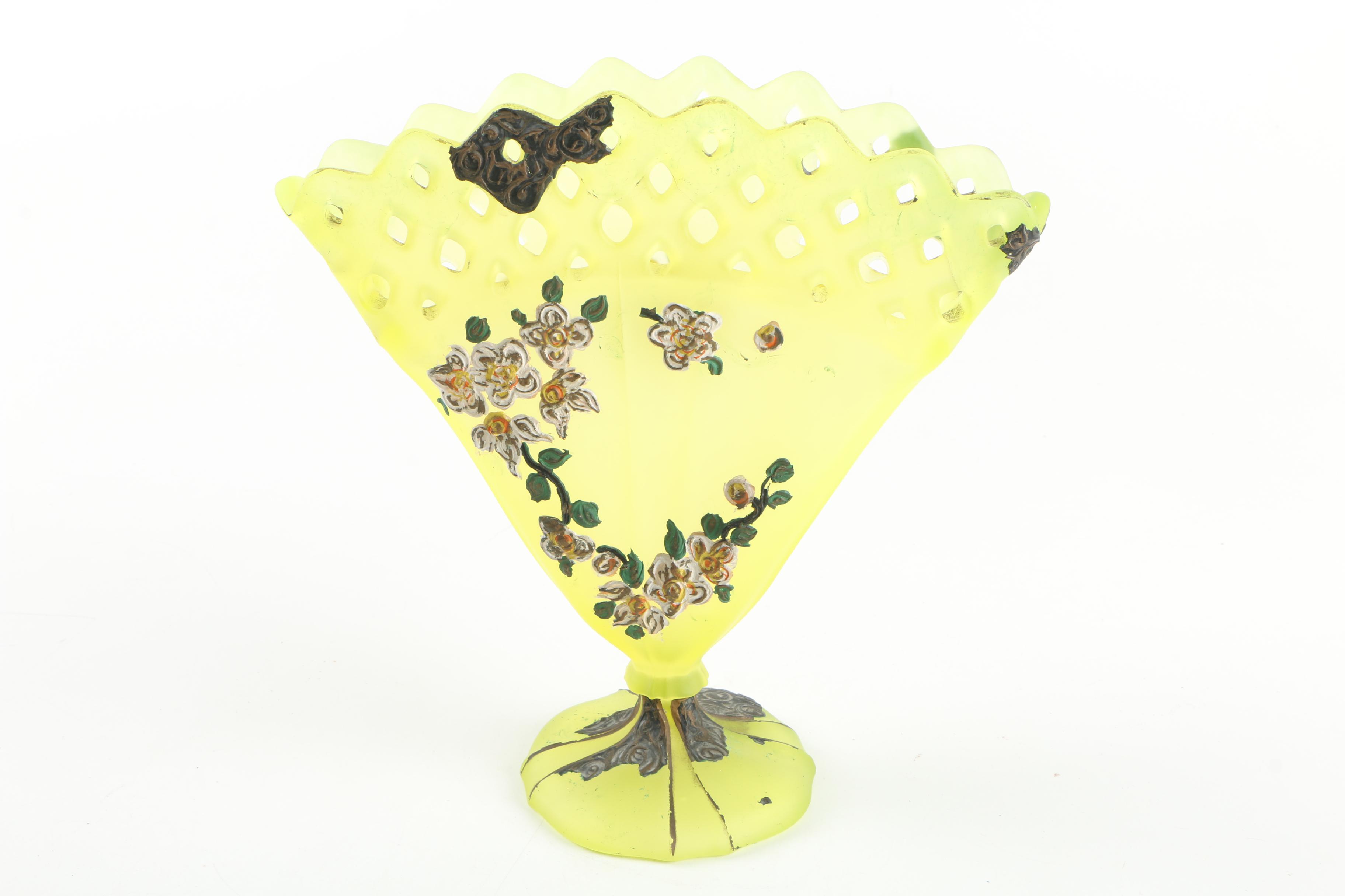 Vintage  Hand-Painted Yellow Glass Fan Vase