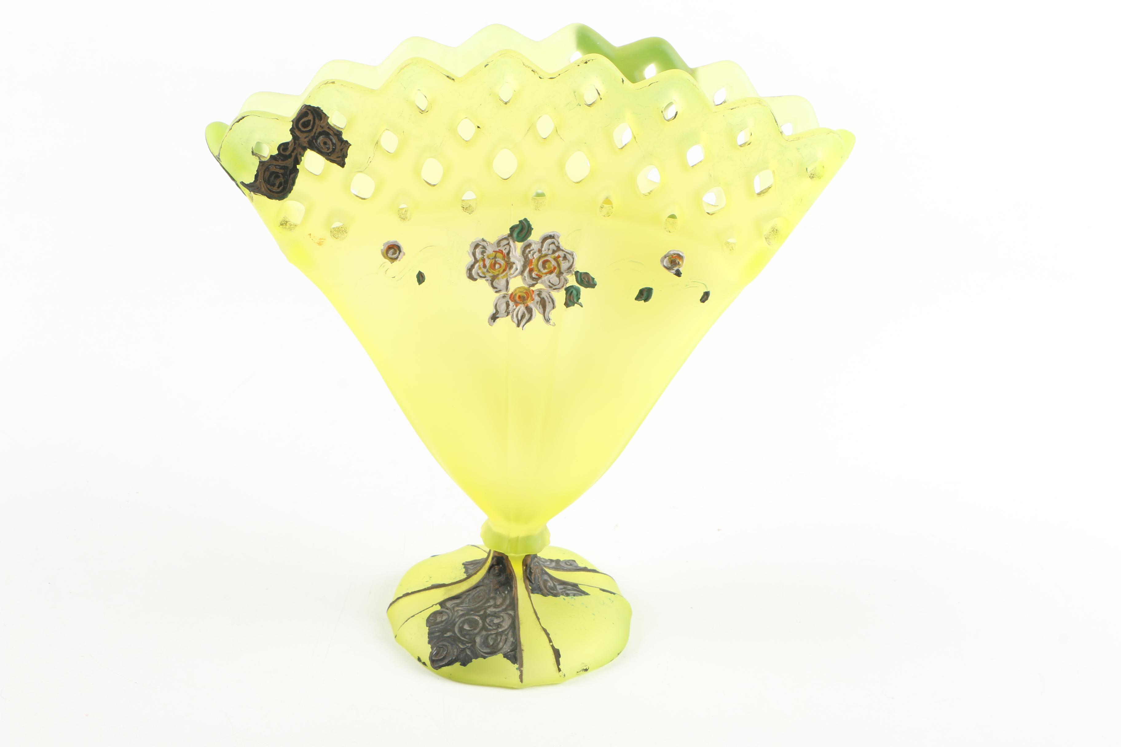 Vintage  Hand-Painted Yellow Glass Fan Vase