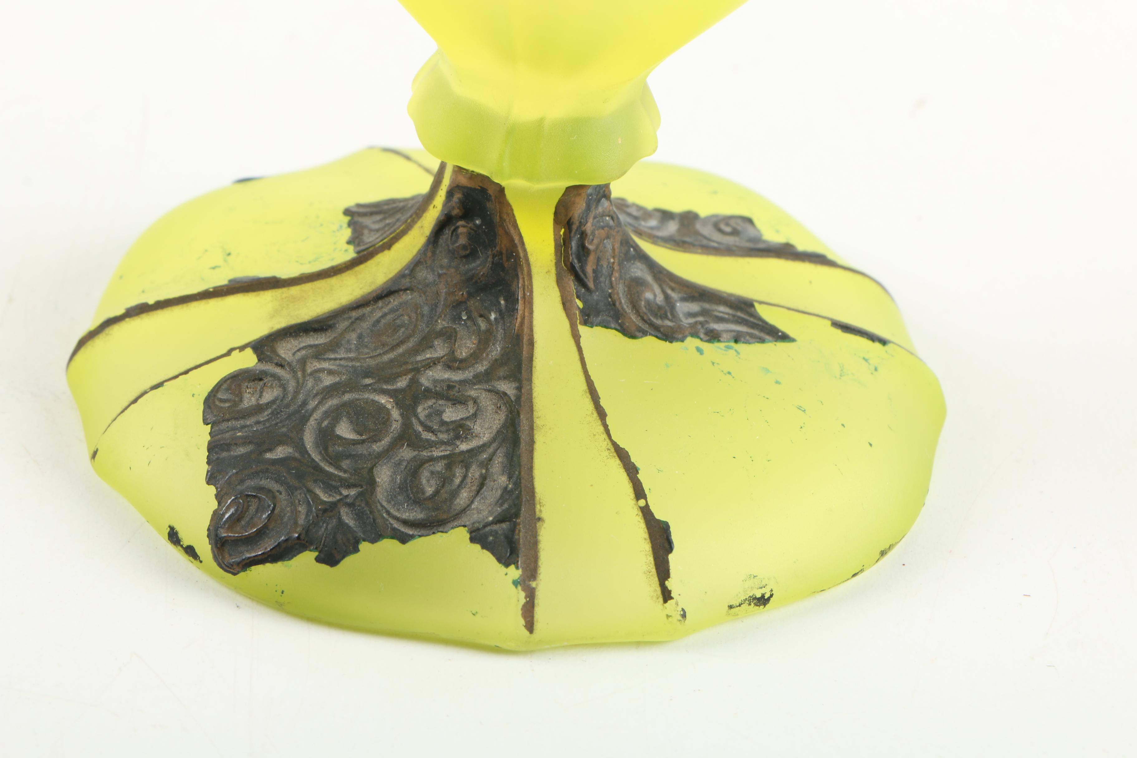 Vintage  Hand-Painted Yellow Glass Fan Vase