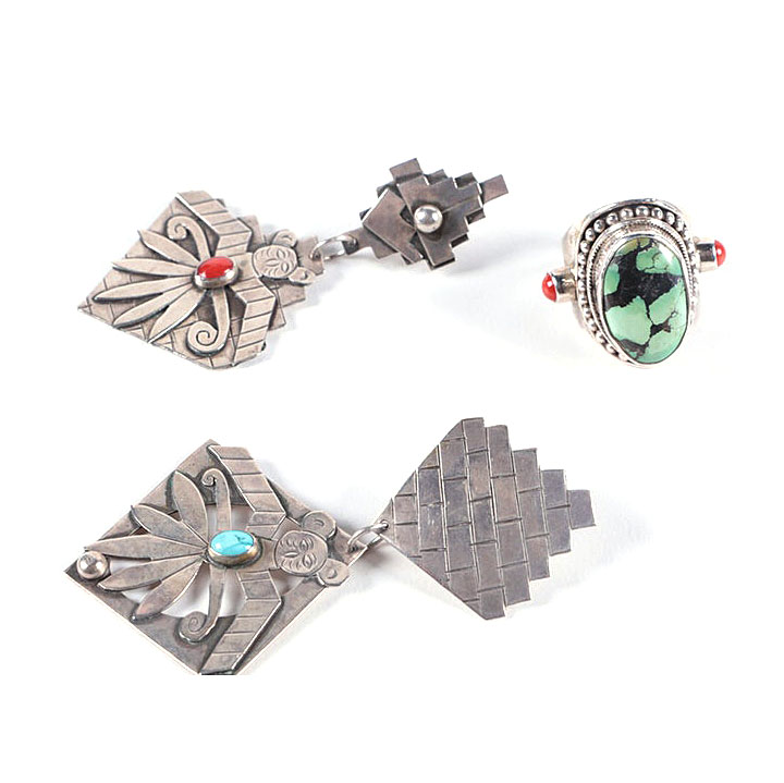 Native American Style Sterling Silver Earrings and Ring Including Joann Alarid