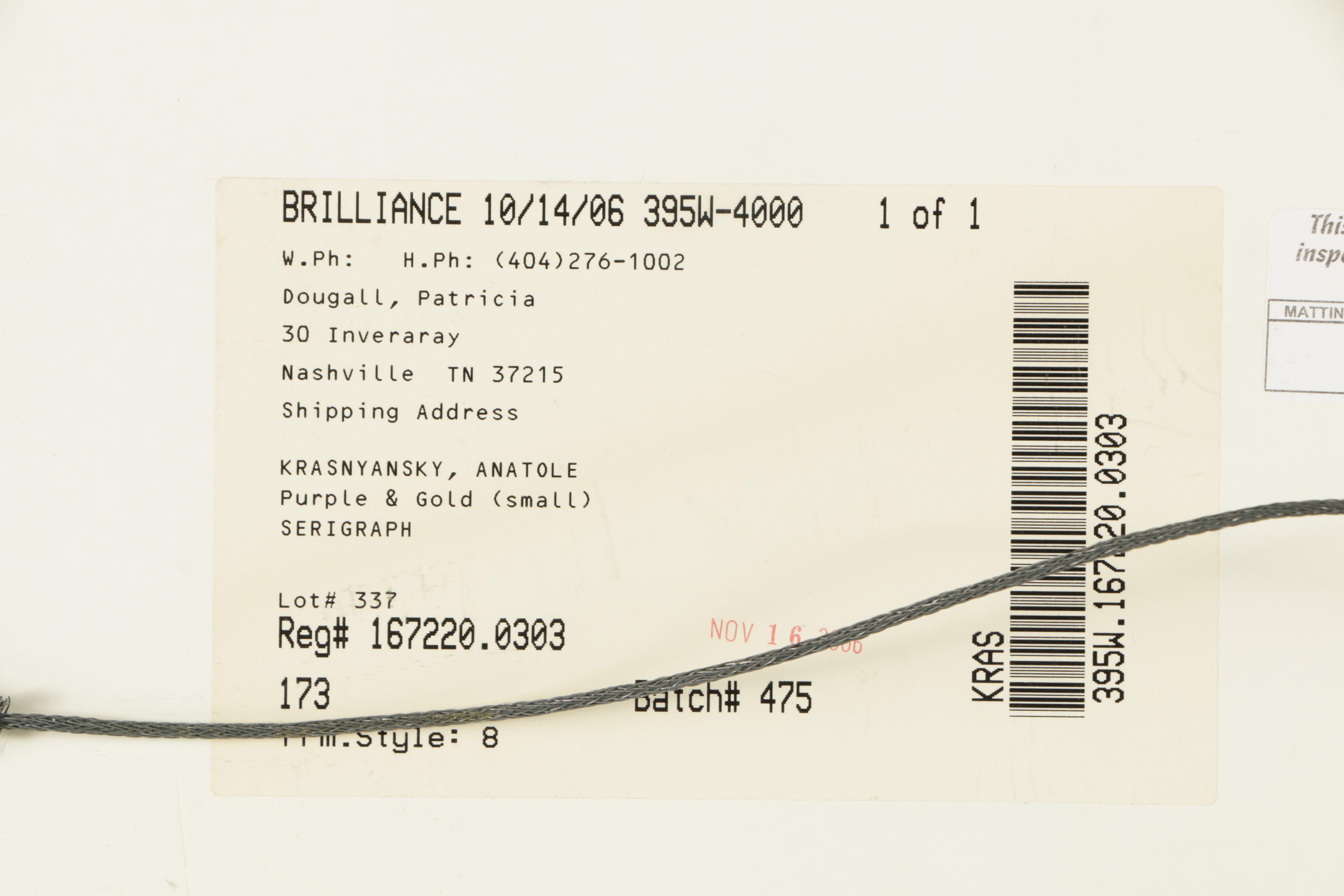 Anatole Krasnyansky Limited Edition Serigraph "Purple and Gold"