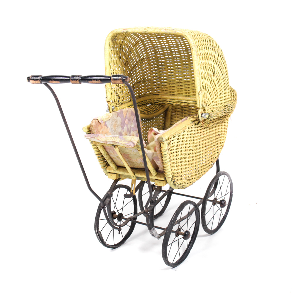Vintage Yellow Wicker Doll Carriage