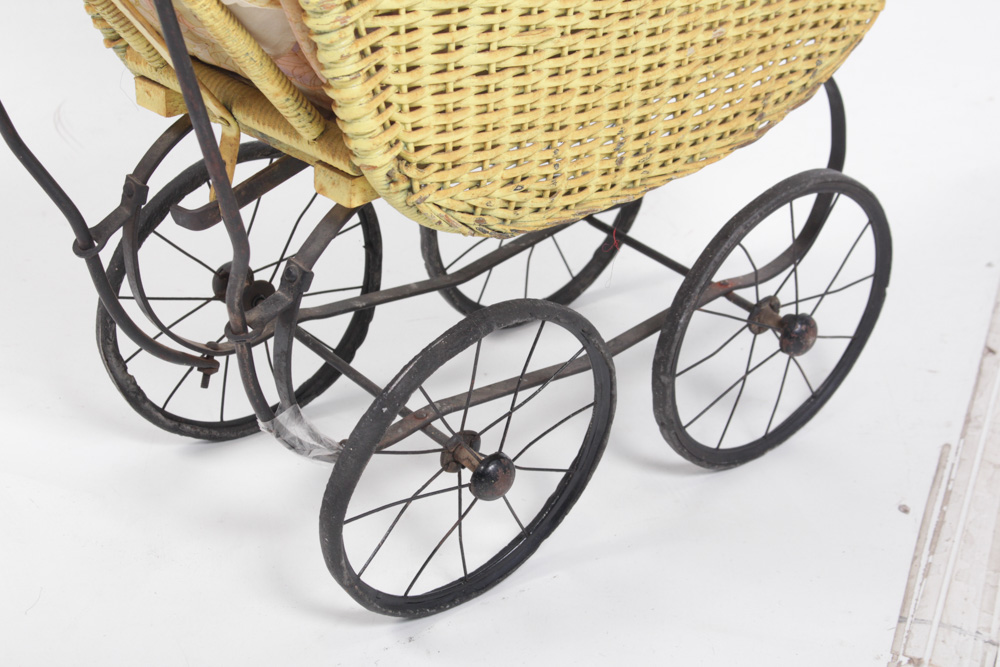 Vintage Yellow Wicker Doll Carriage