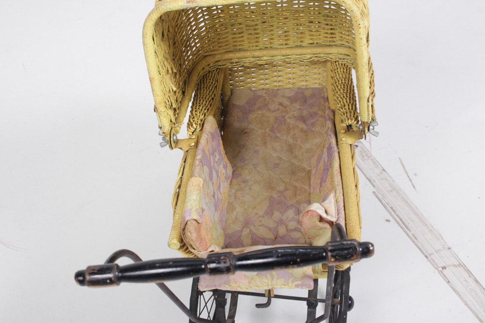 Vintage Yellow Wicker Doll Carriage
