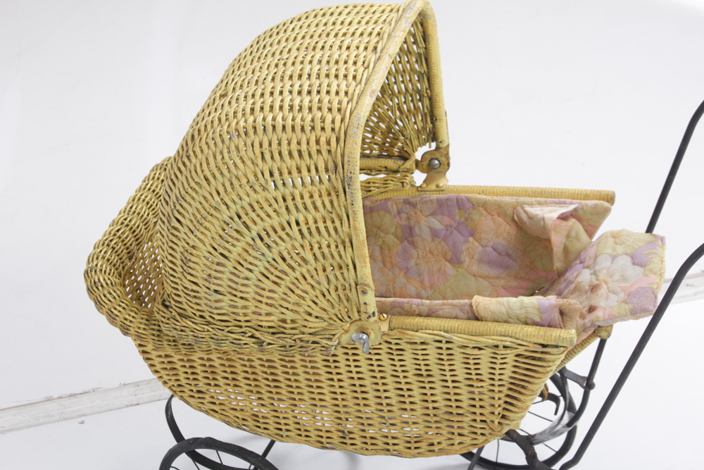Vintage Yellow Wicker Doll Carriage