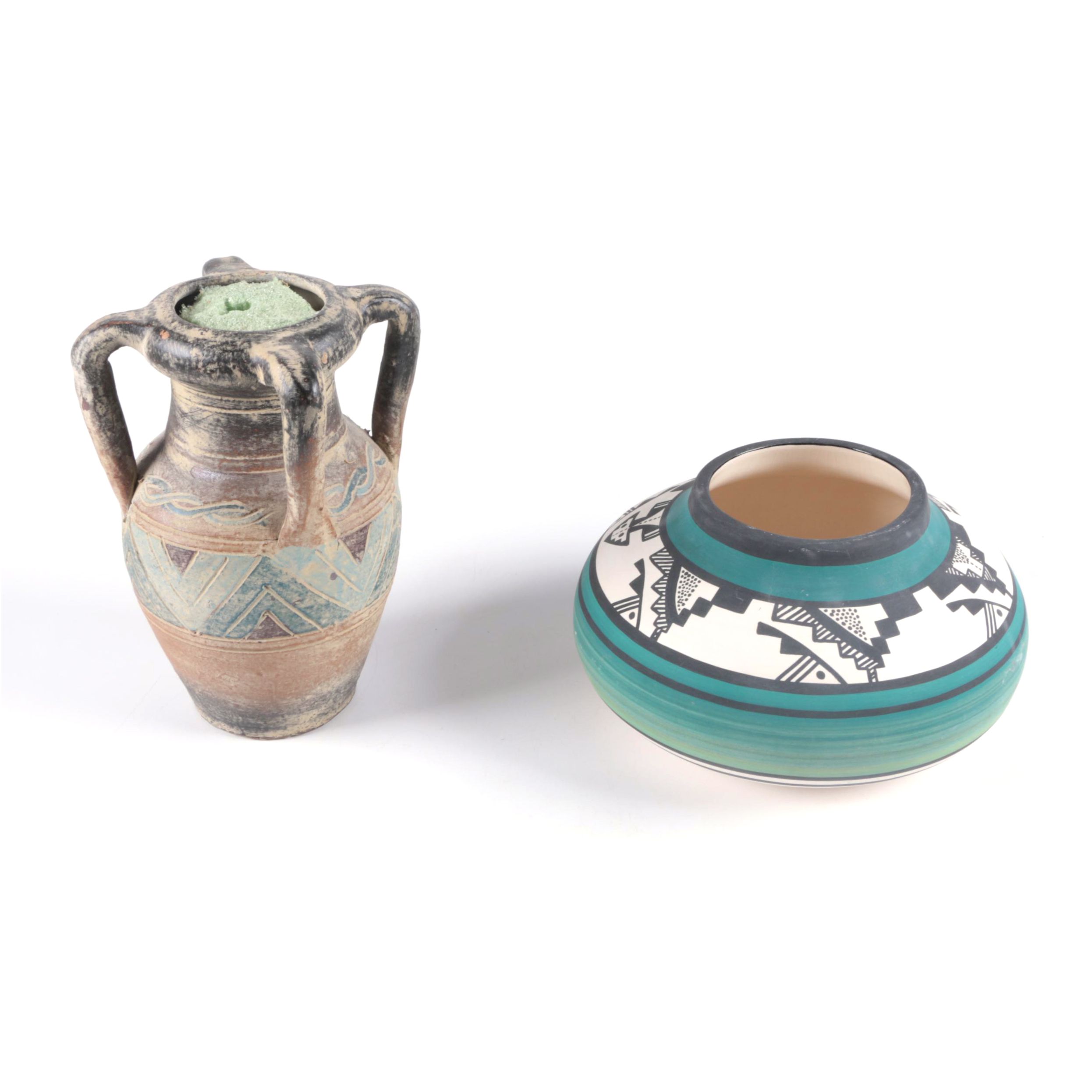 Signed Ute Mountain Native American Pottery Vase and Southwestern Style Vase