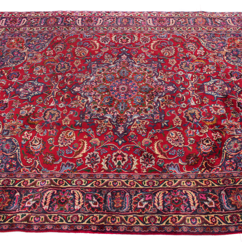 Vintage Hand-Knotted Persian Mashhad Room Size Rug