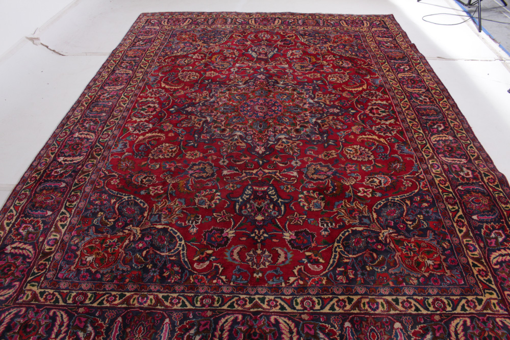 Vintage Hand-Knotted Persian Mashhad Room Size Rug