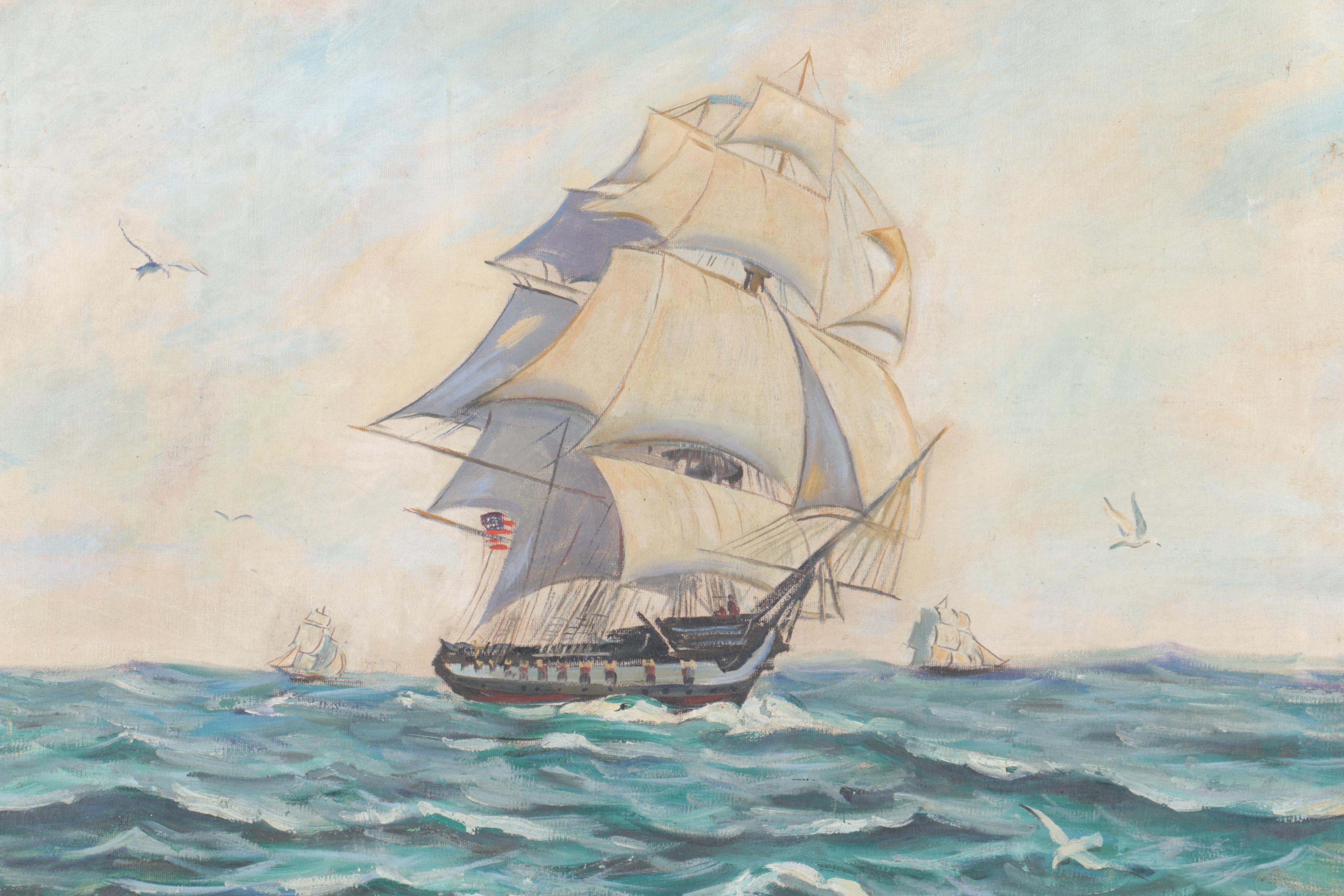 Oil Painting on Canvas of Multi-Masted Ship