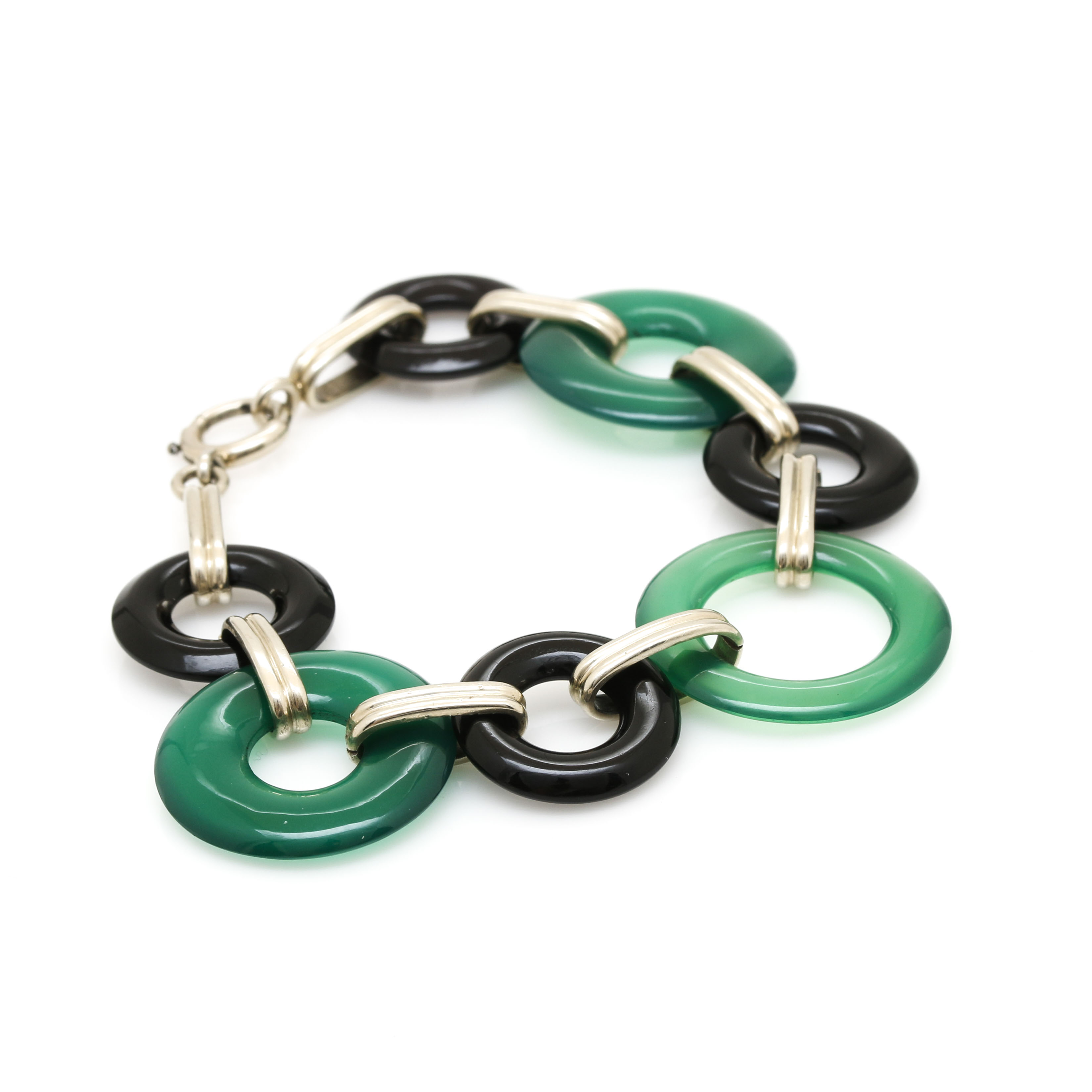 14K White Gold Black Onyx and Dyed Chalcedony Bracelet