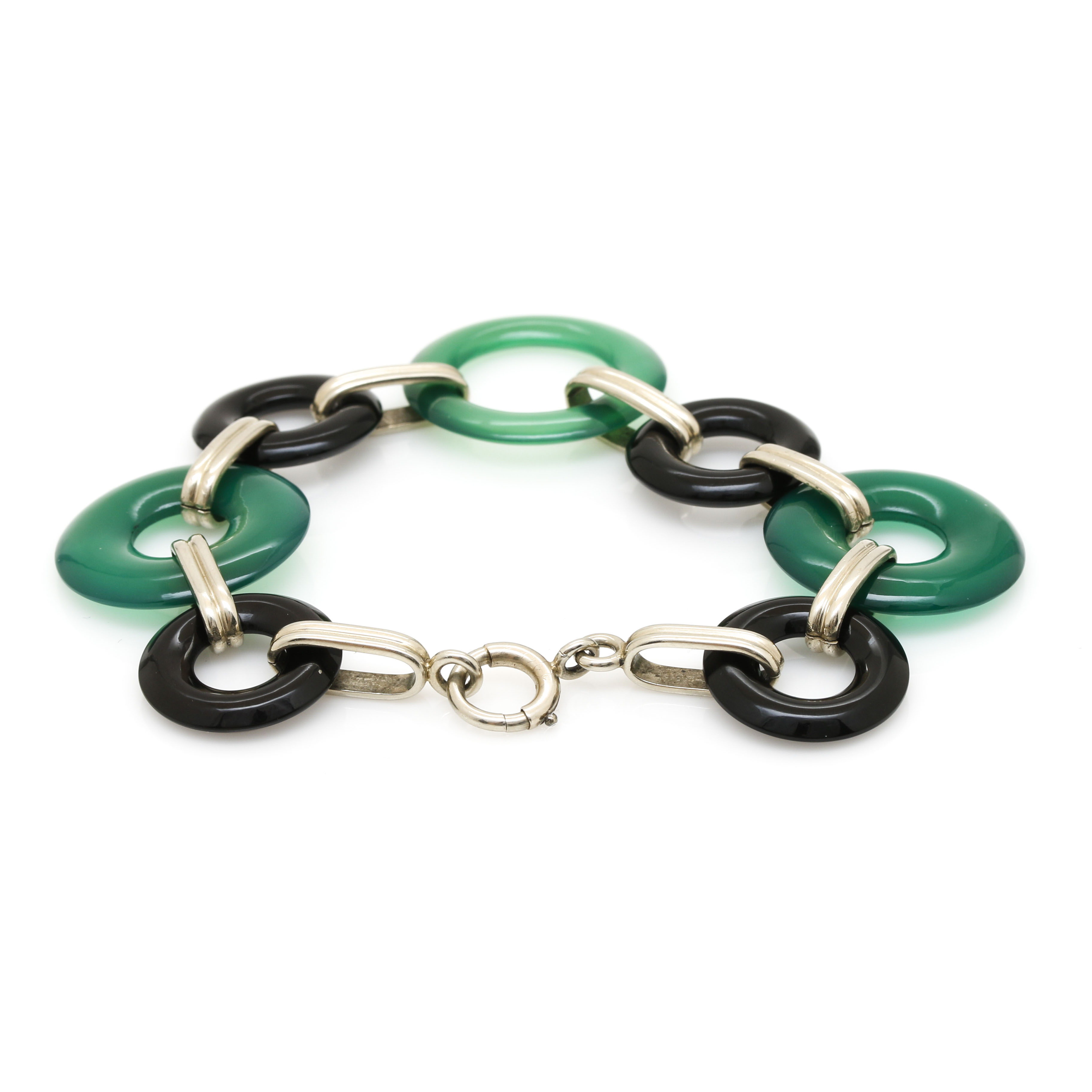 14K White Gold Black Onyx and Dyed Chalcedony Bracelet