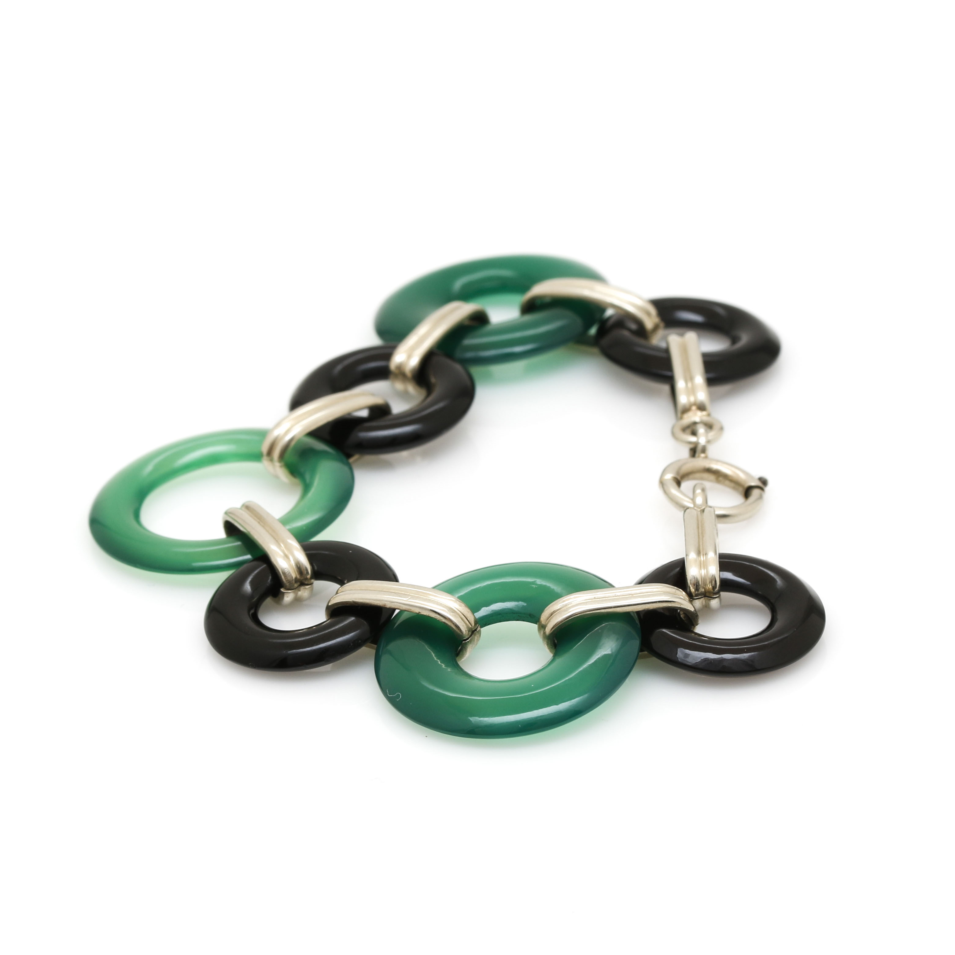 14K White Gold Black Onyx and Dyed Chalcedony Bracelet