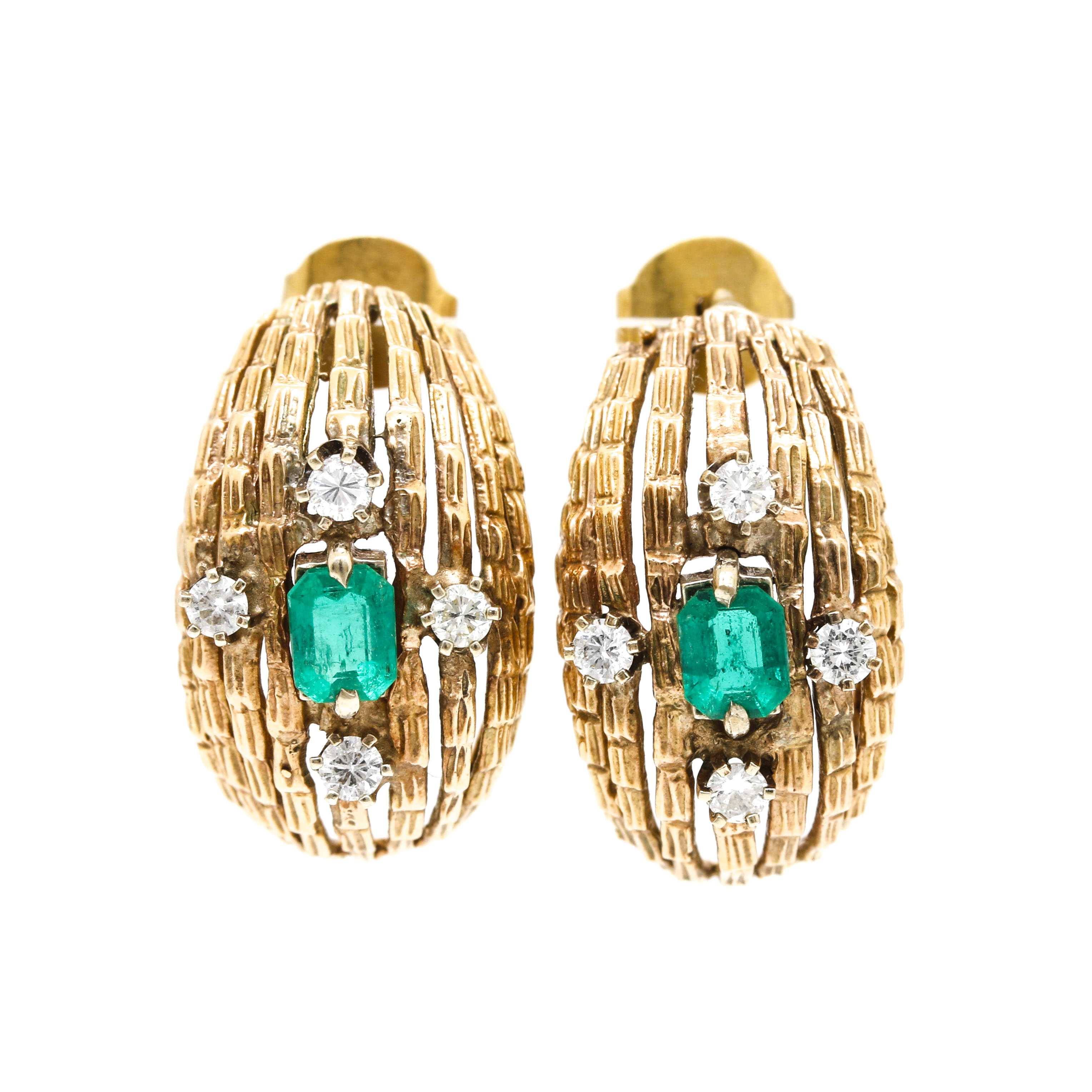 14K Yellow Gold Emerald and Diamond Earrings
