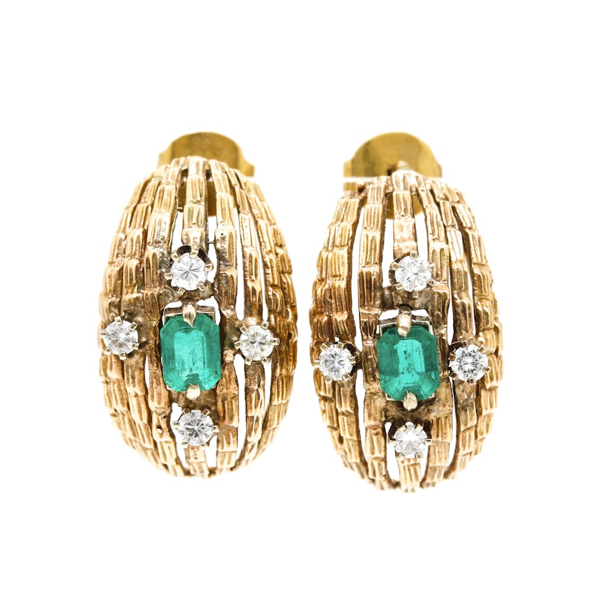 14K Yellow Gold Emerald and Diamond Earrings