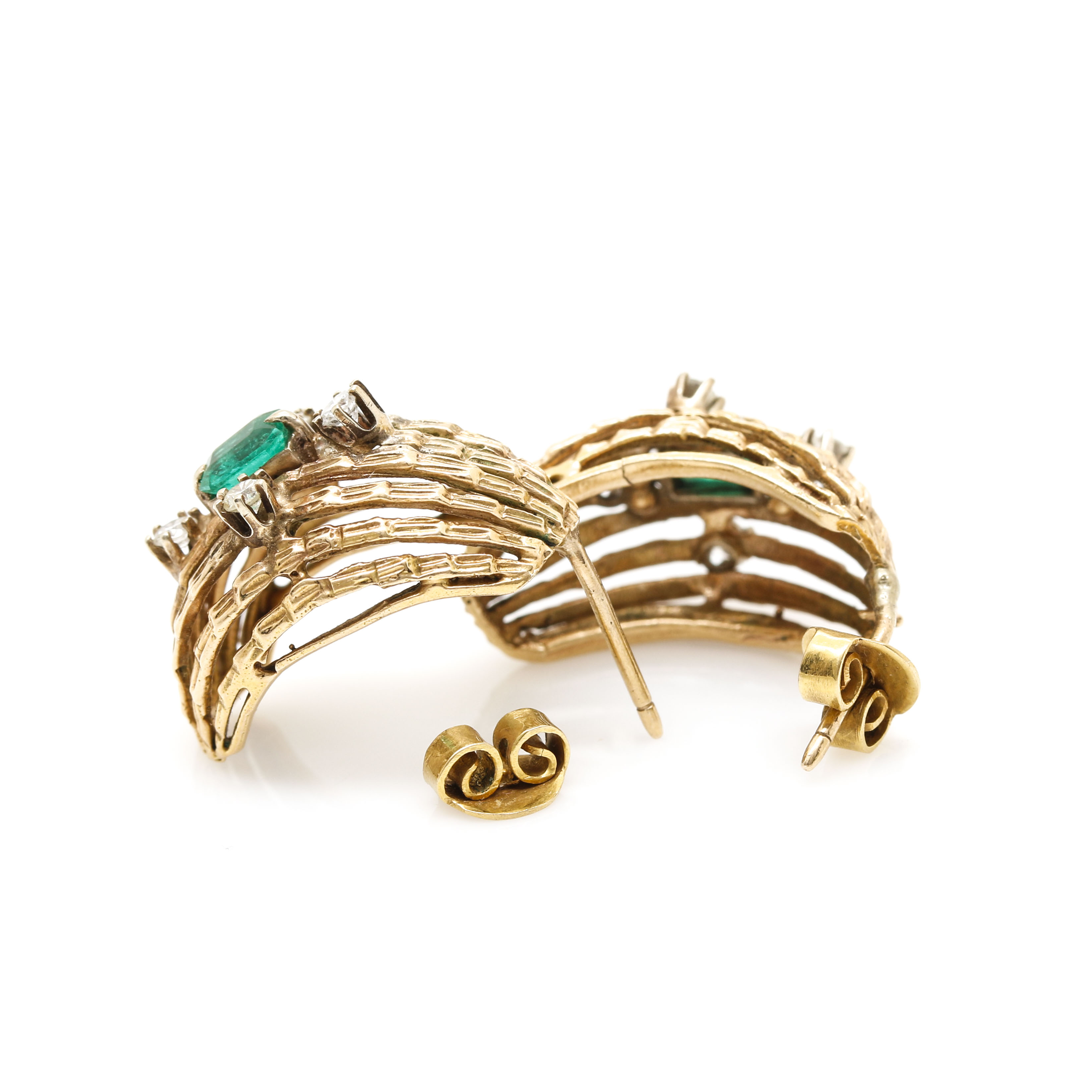 14K Yellow Gold Emerald and Diamond Earrings