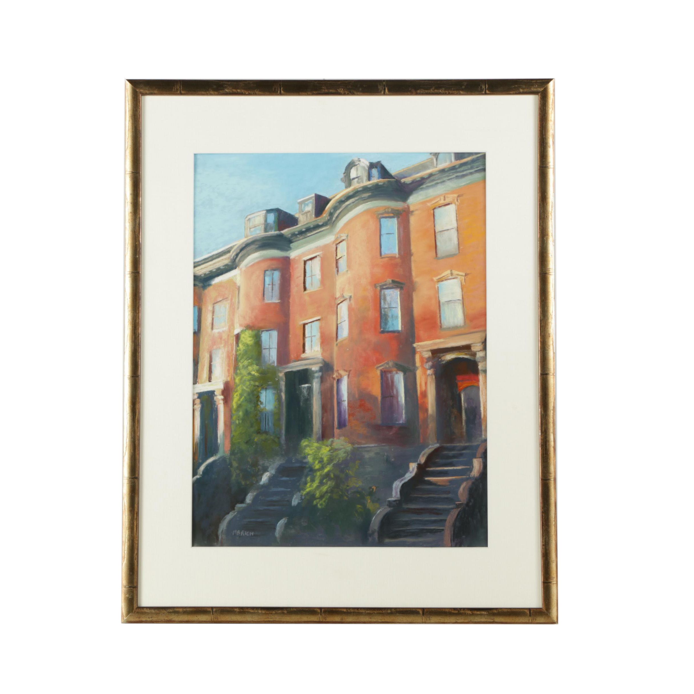 M.B. Rich Pastel Drawing on Paper of Brownstone Row Houses