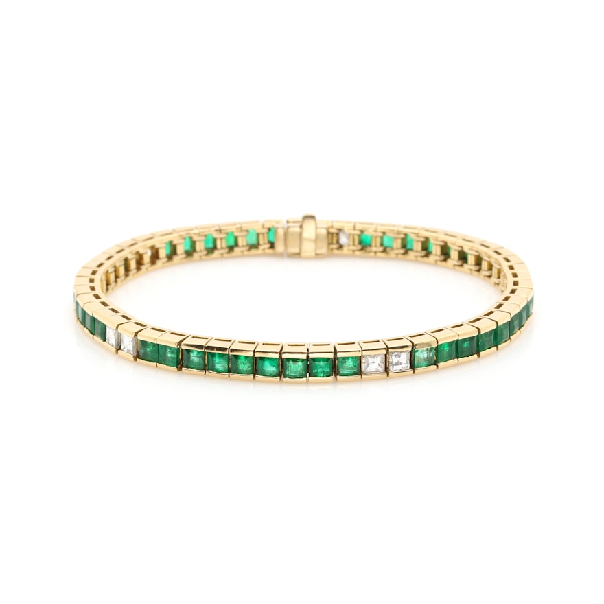 18K Yellow Gold Emerald and 1.55 CTW Diamond Tennis Bracelet