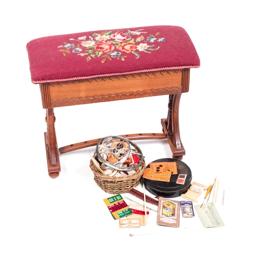 Antique Eastlake Needlepoint Sewing Bench