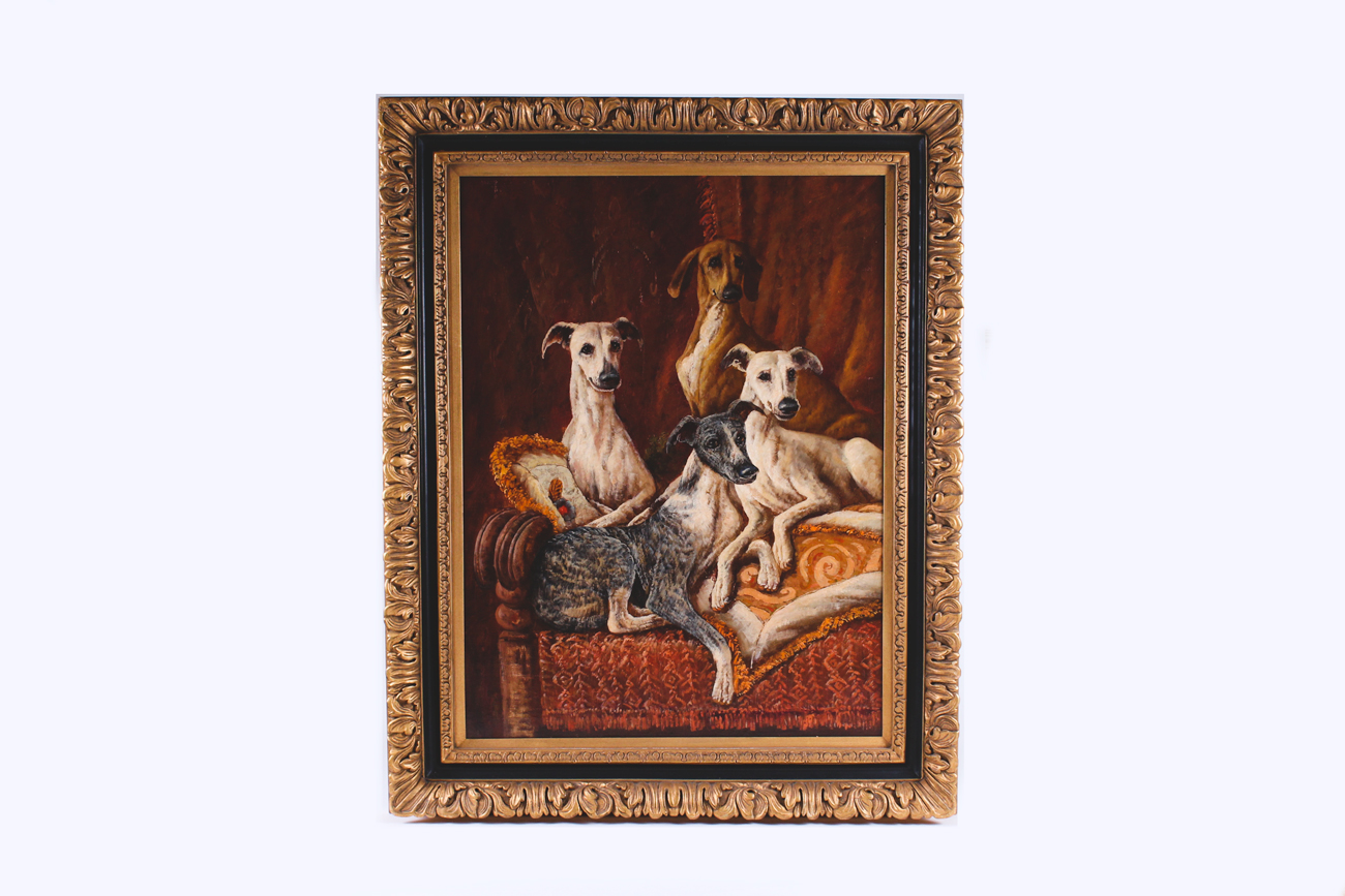 Oil on Canvas Painting of Lounging Greyhounds