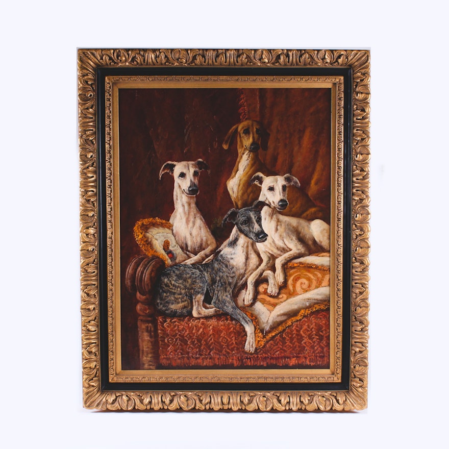 Oil on Canvas Painting of Lounging Greyhounds