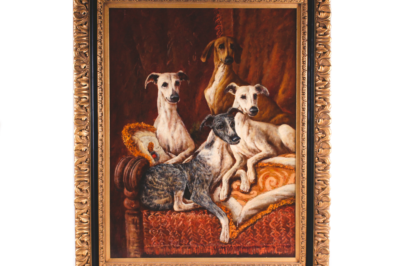 Oil on Canvas Painting of Lounging Greyhounds
