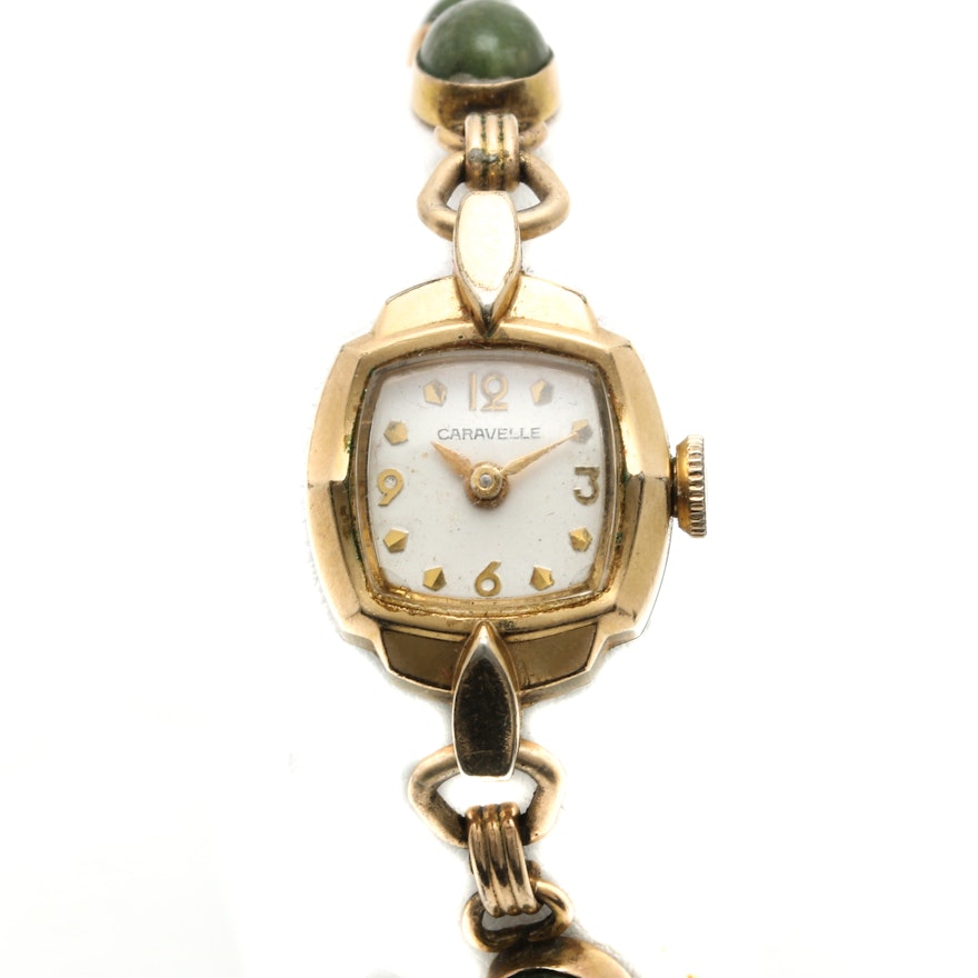 Caravelle Nephrite Yellow Gold Tone and Gold Filled Link Wristwatch