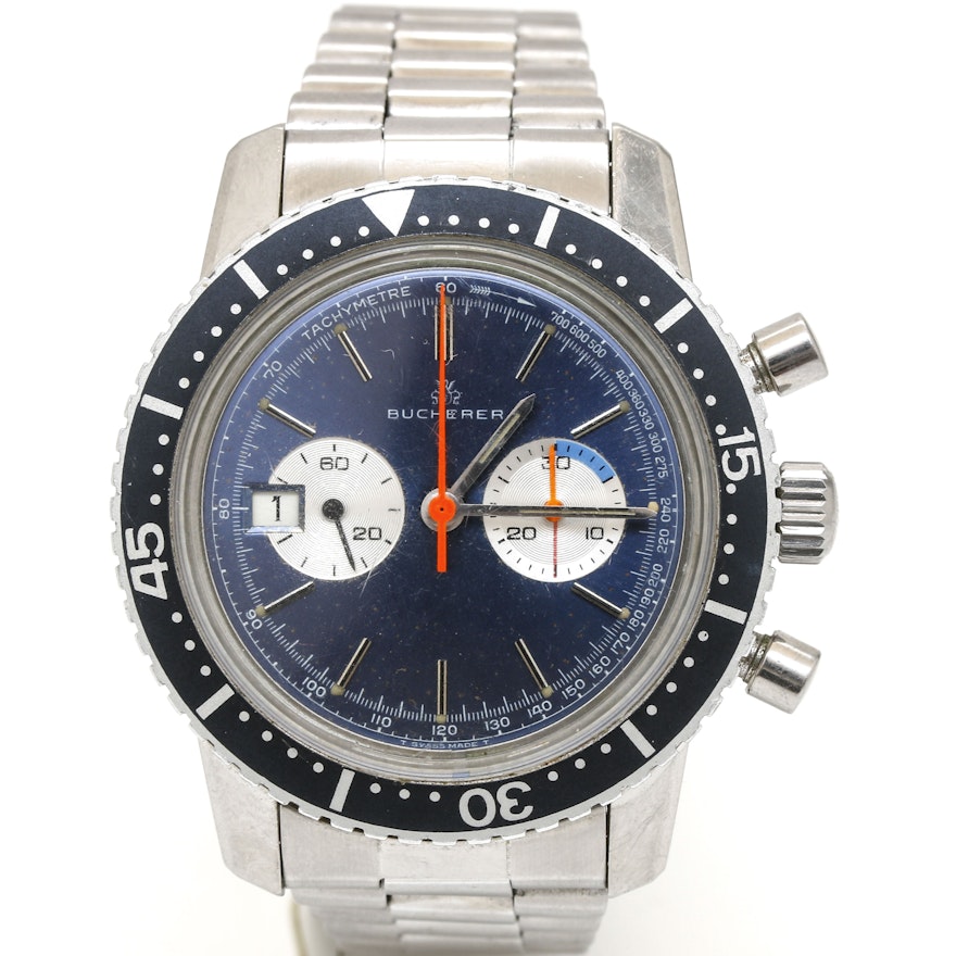 Bucherer Chronograph Blue Dial Stainless Steel Link Wristwatch