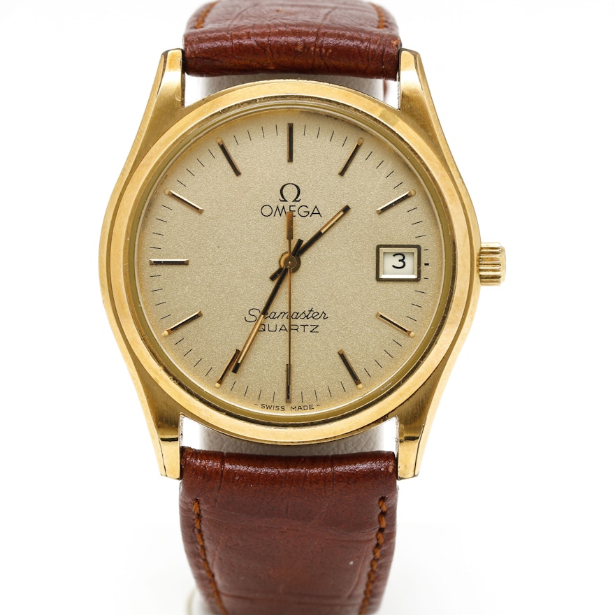 Omega Seamaster Quartz Yellow Gold Plated Leather Wristwatch