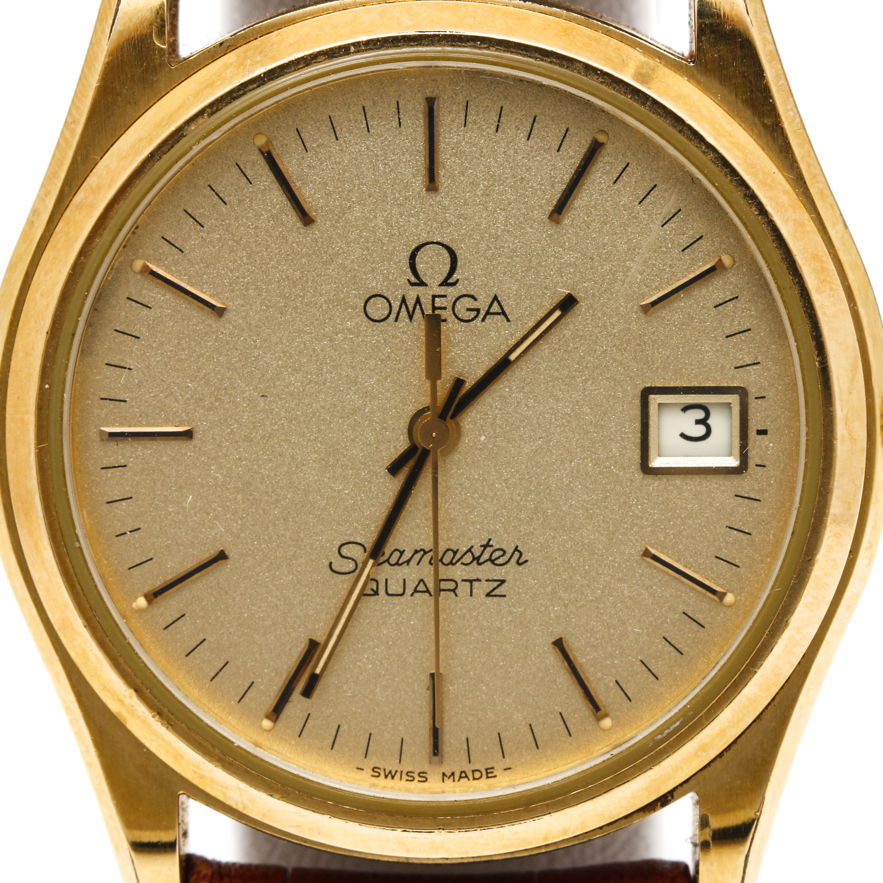 Omega Seamaster Quartz Yellow Gold Plated Leather Watch