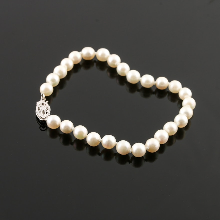 14K White Gold and Cultured Pearl Bracelet