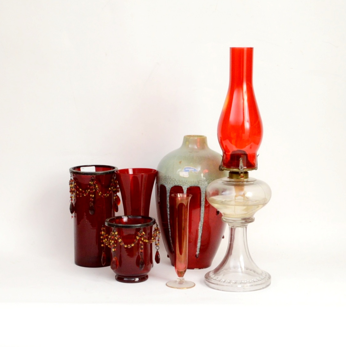 Antique Oil Lamp with Red Glass and Red Glass Decor