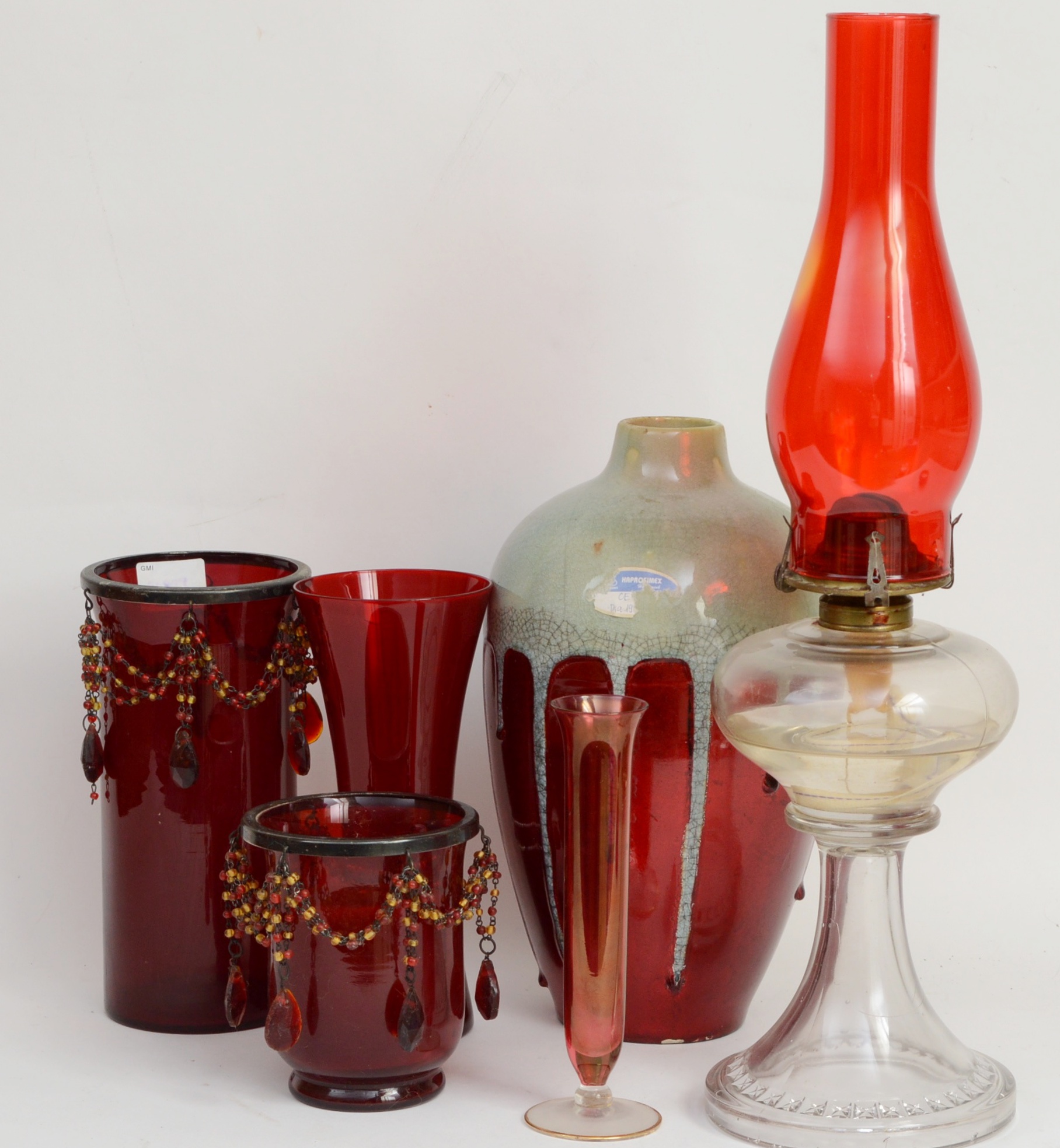 Antique Oil Lamp with Red Glass and Red Glass Decor