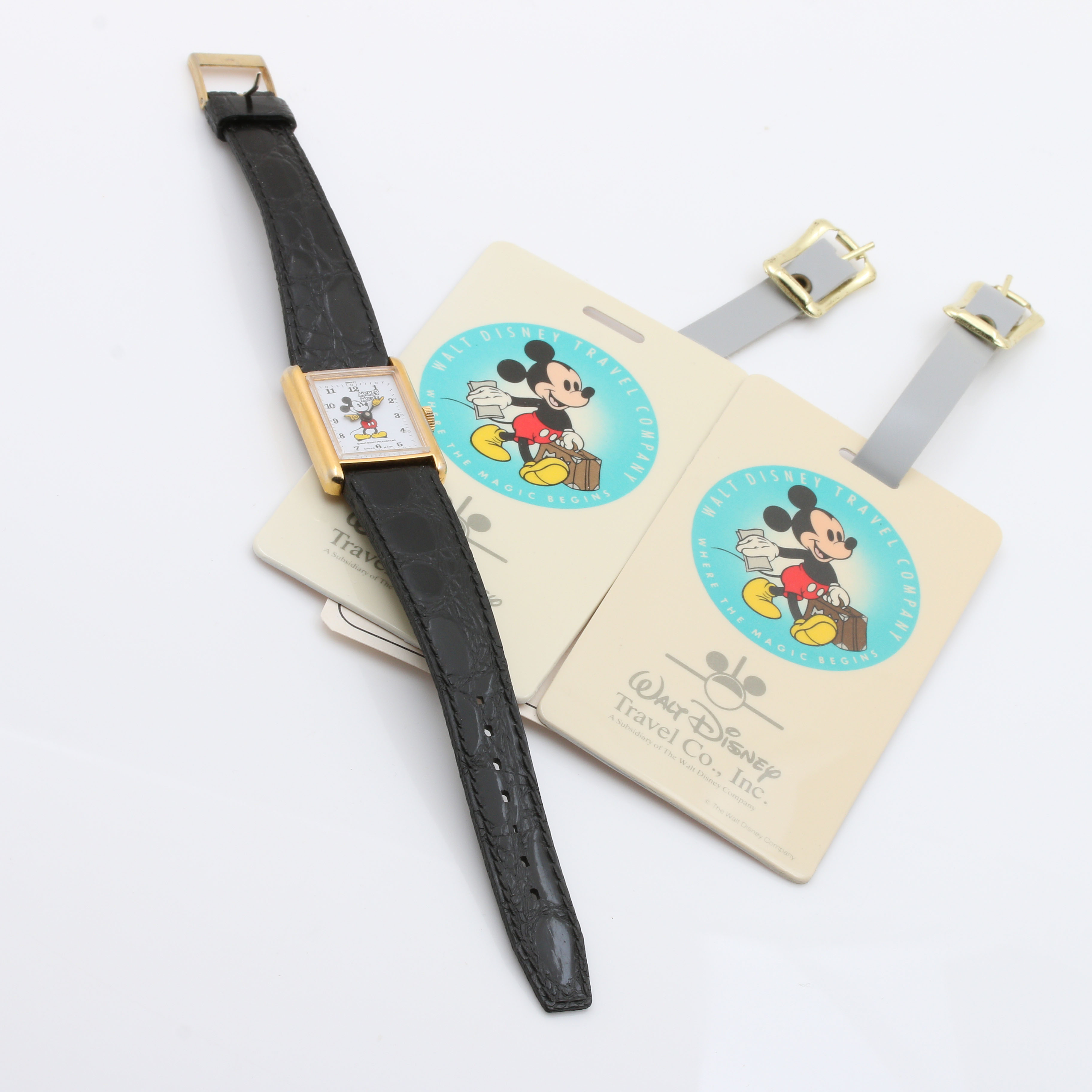 Mickey Mouse Gold Tone and Black Leather Watch Including Luggage Tags