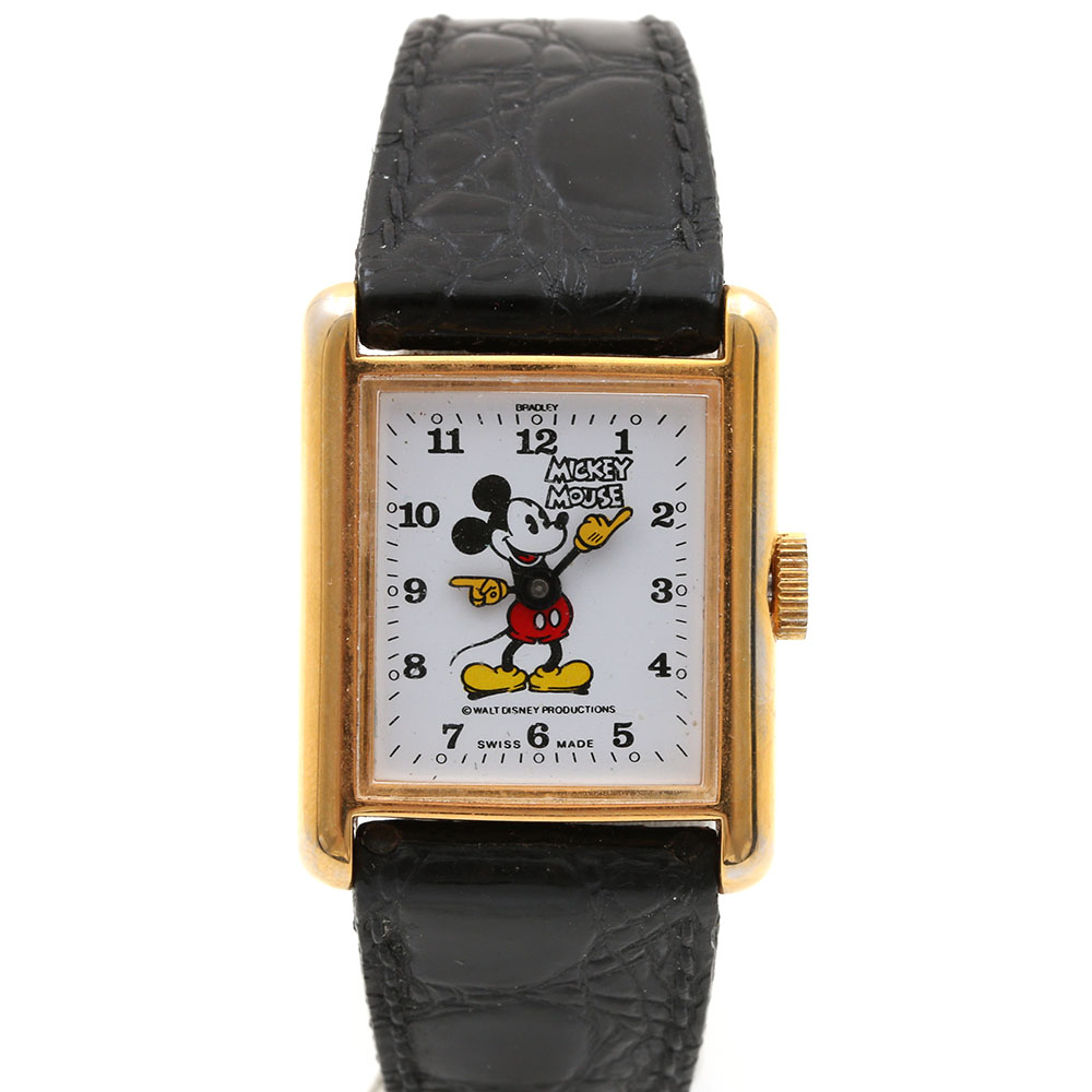 Mickey Mouse Gold Tone and Black Leather Watch Including Luggage Tags