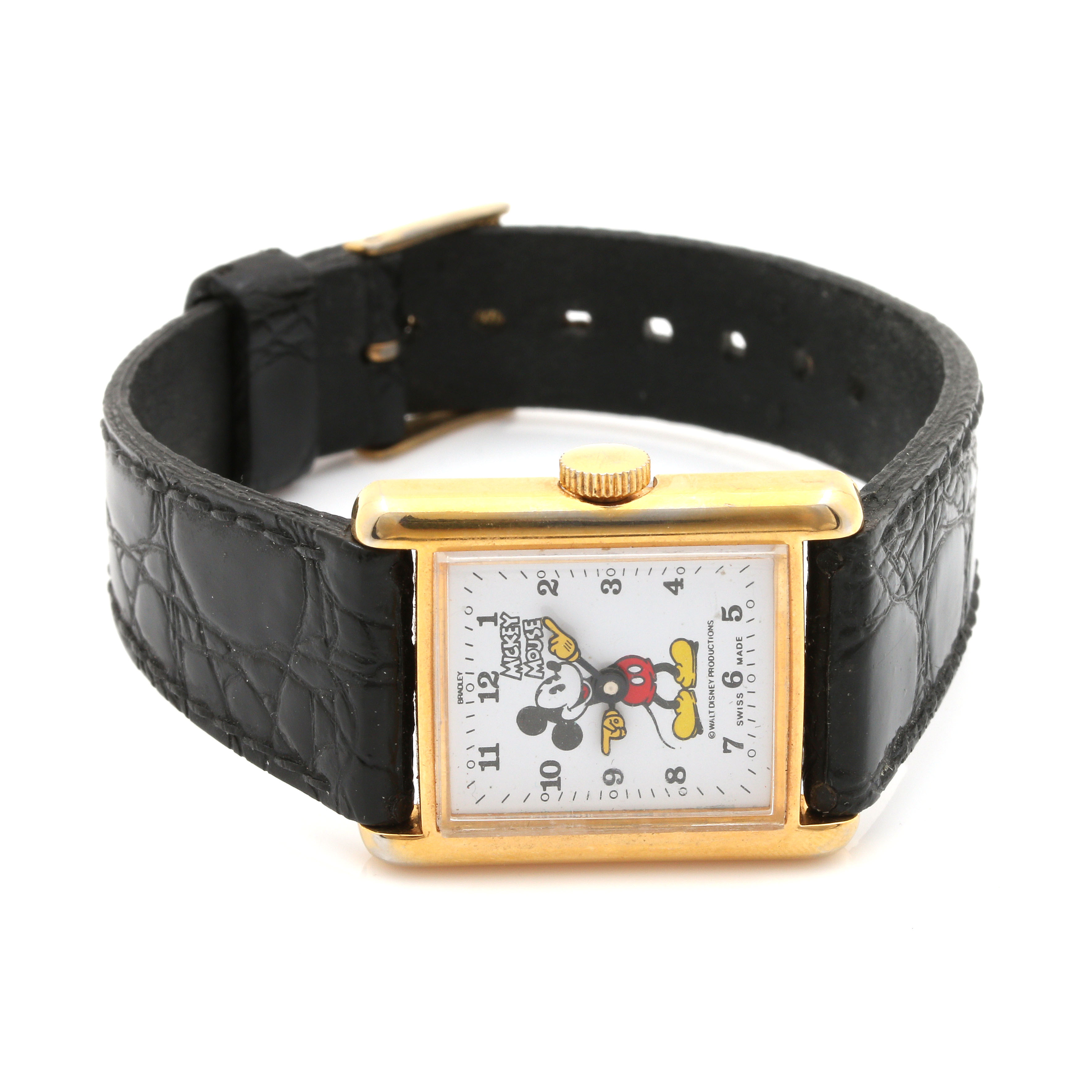 Mickey Mouse Gold Tone and Black Leather Watch Including Luggage Tags