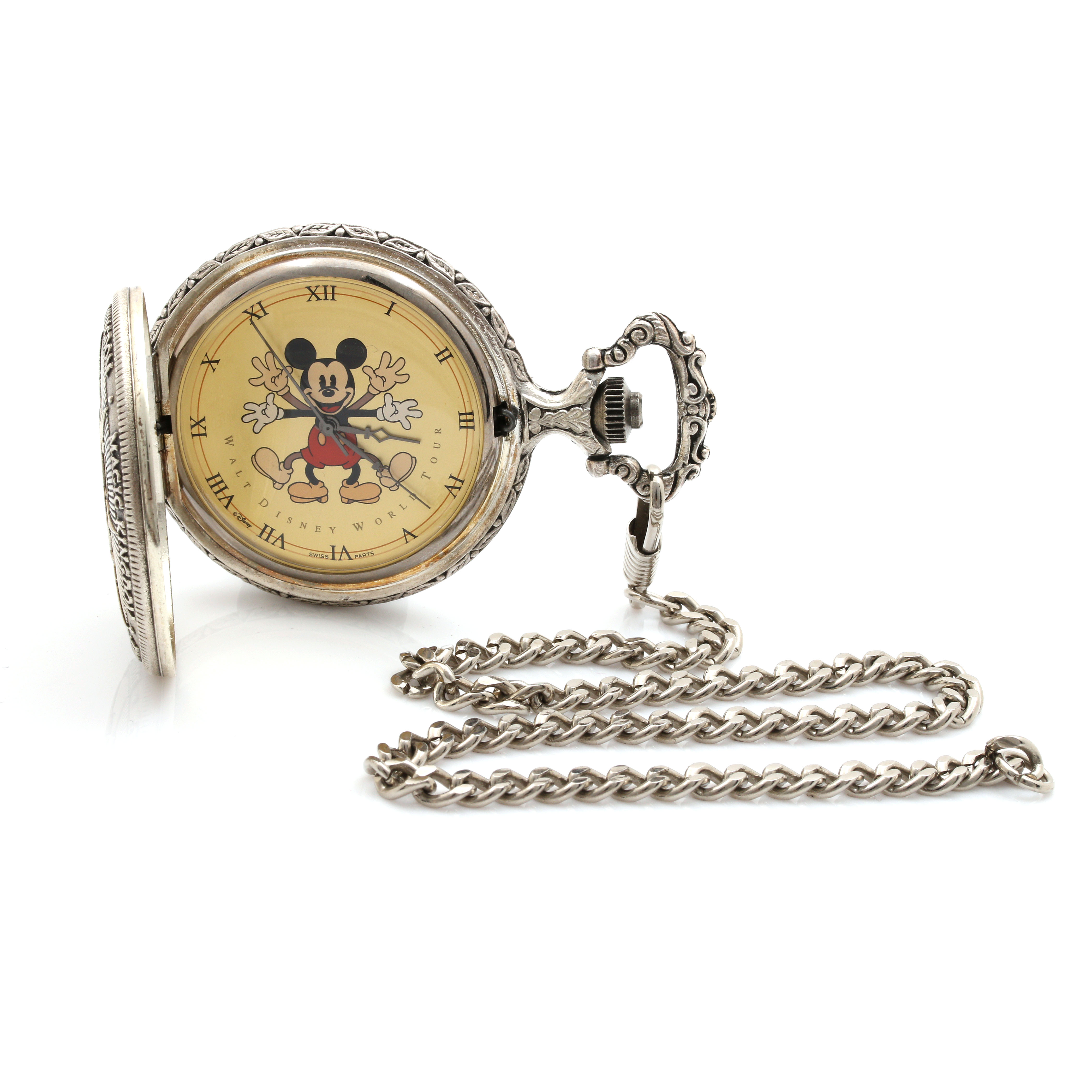 Walt Disney World Tour Silver Tone Pocket Watch With Chain