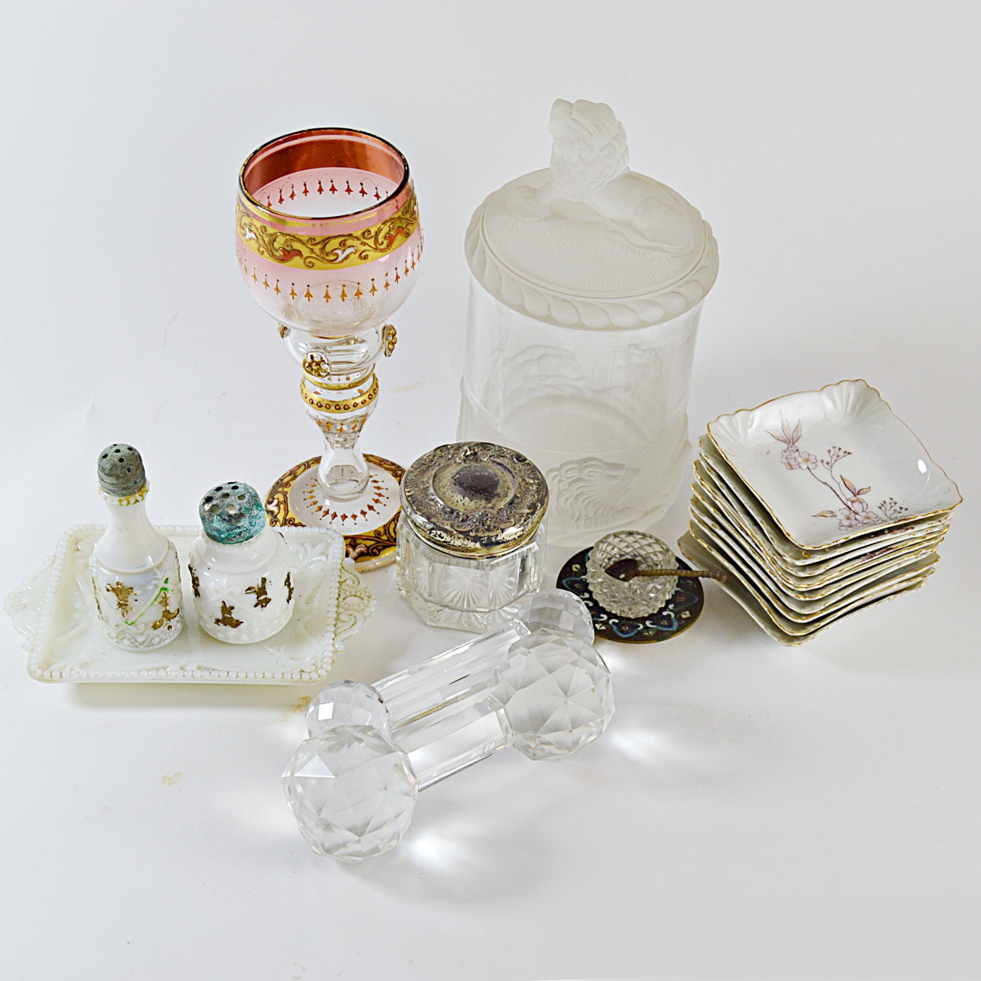 Antique Glassware and China with Gillinder Jar with Lion, Moser Bohemian Goblet