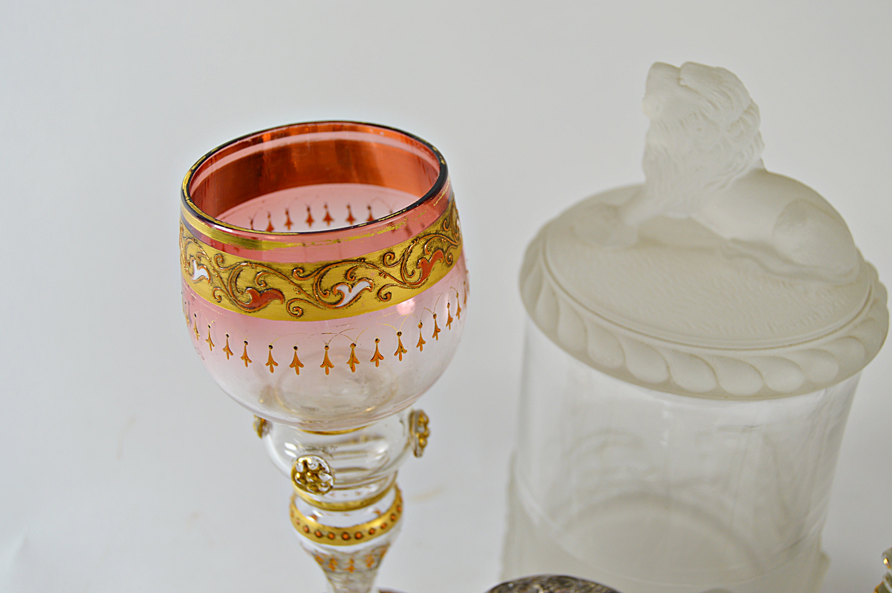 Antique Glassware and China with Gillinder Jar with Lion, Moser Bohemian Goblet