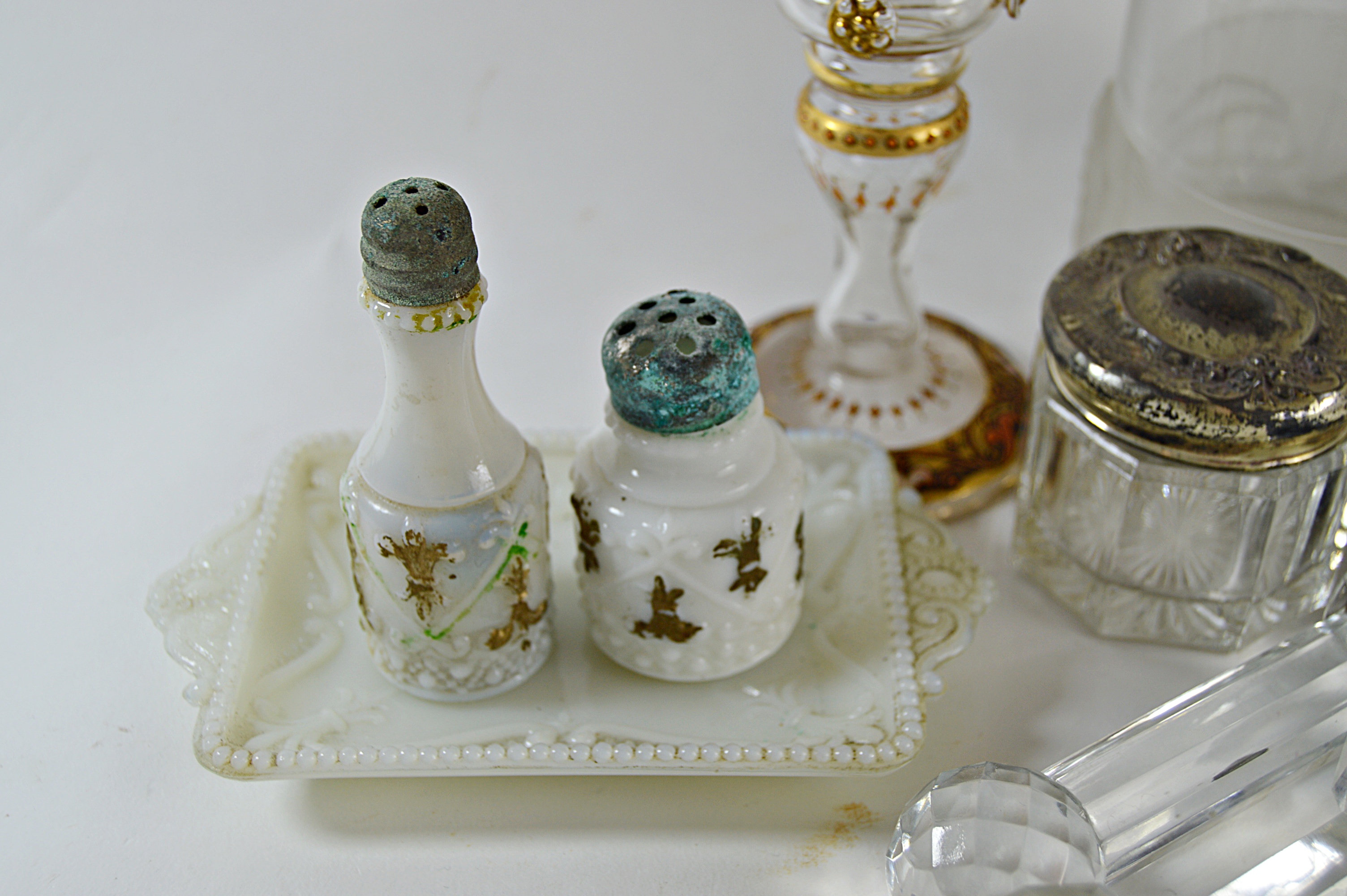 Antique Glassware and China with Gillinder Jar with Lion, Moser Bohemian Goblet