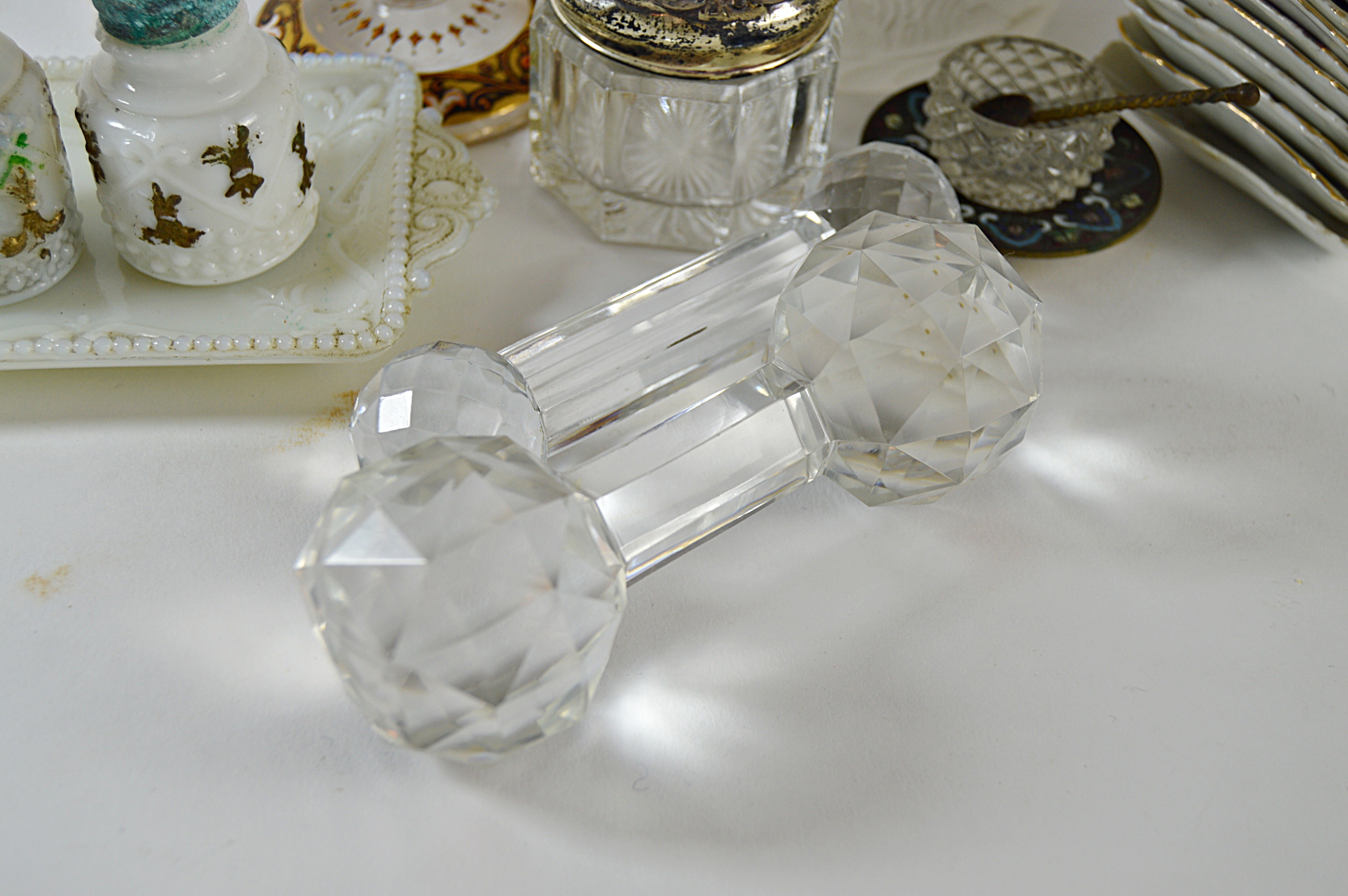 Antique Glassware and China with Gillinder Jar with Lion, Moser Bohemian Goblet