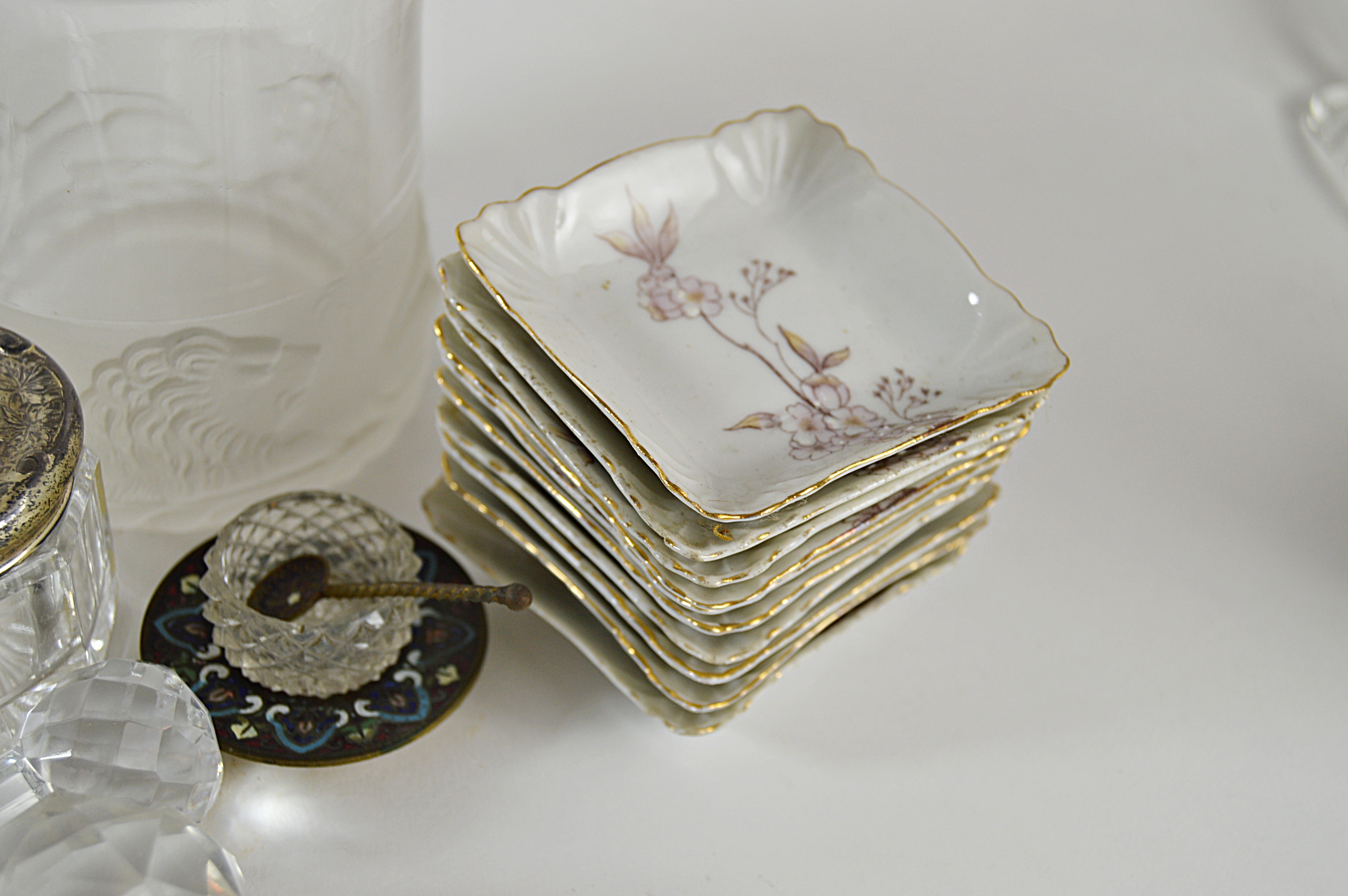 Antique Glassware and China with Gillinder Jar with Lion, Moser Bohemian Goblet