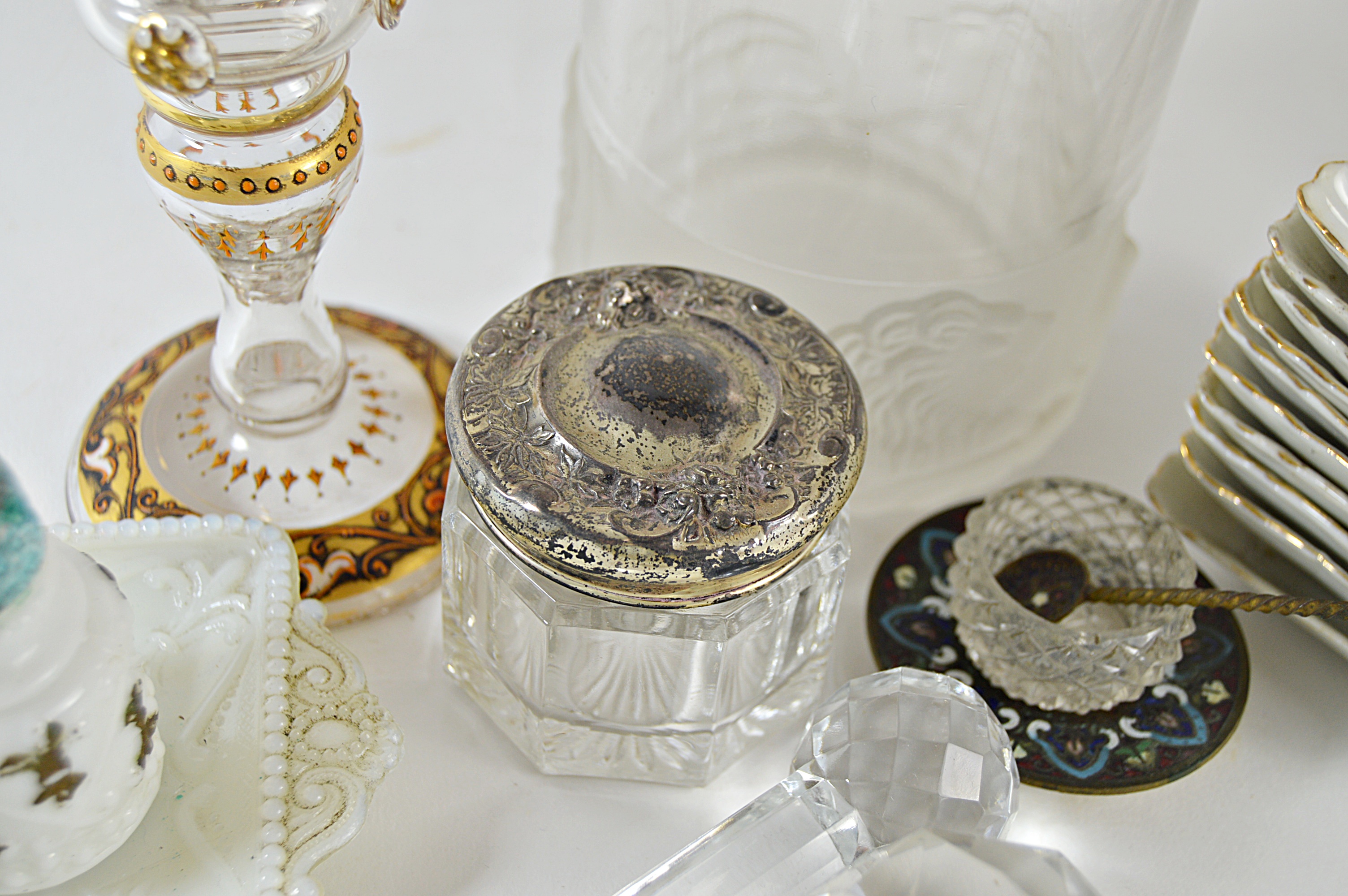 Antique Glassware and China with Gillinder Jar with Lion, Moser Bohemian Goblet