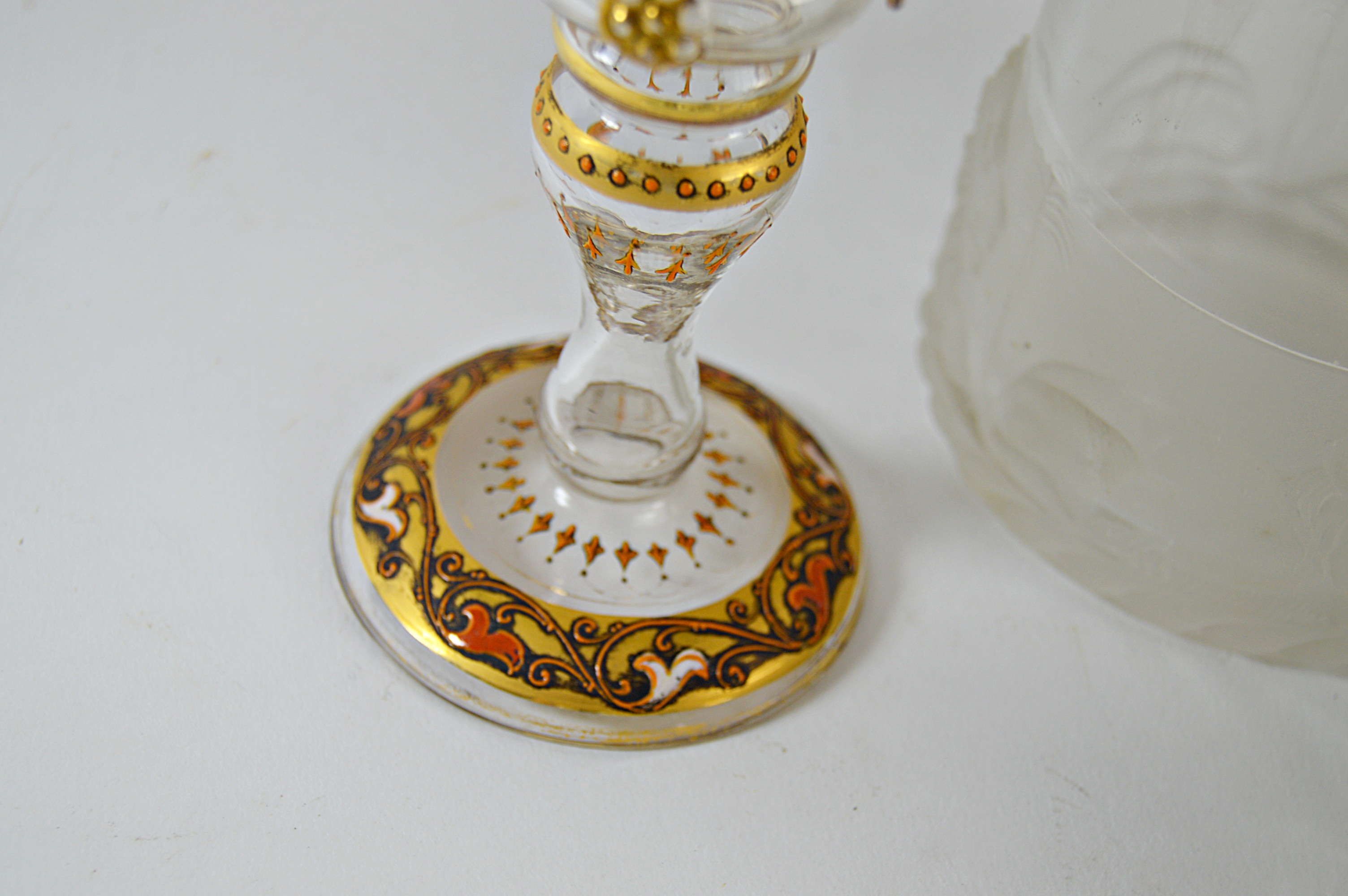 Antique Glassware and China with Gillinder Jar with Lion, Moser Bohemian Goblet