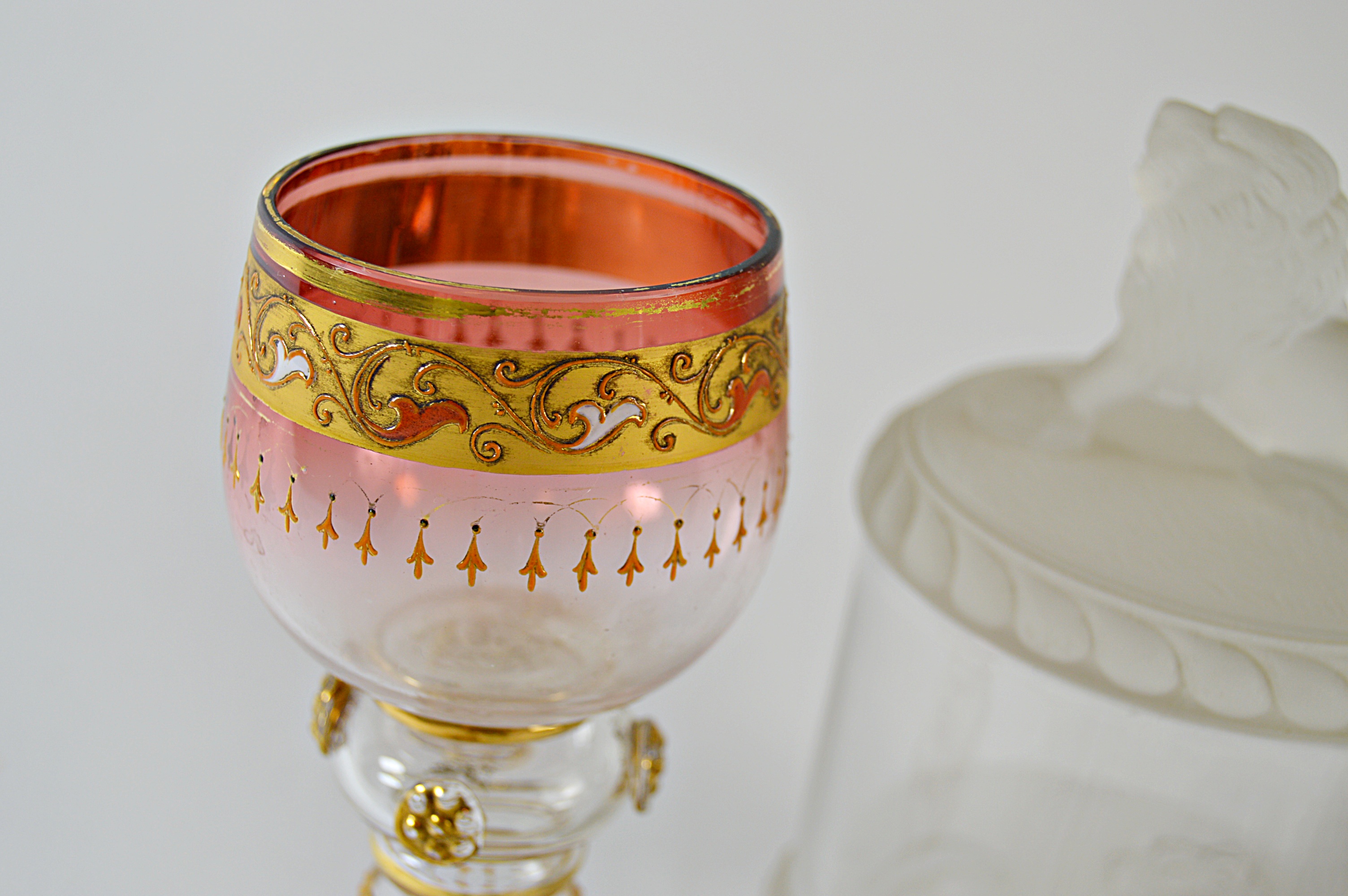 Antique Glassware and China with Gillinder Jar with Lion, Moser Bohemian Goblet